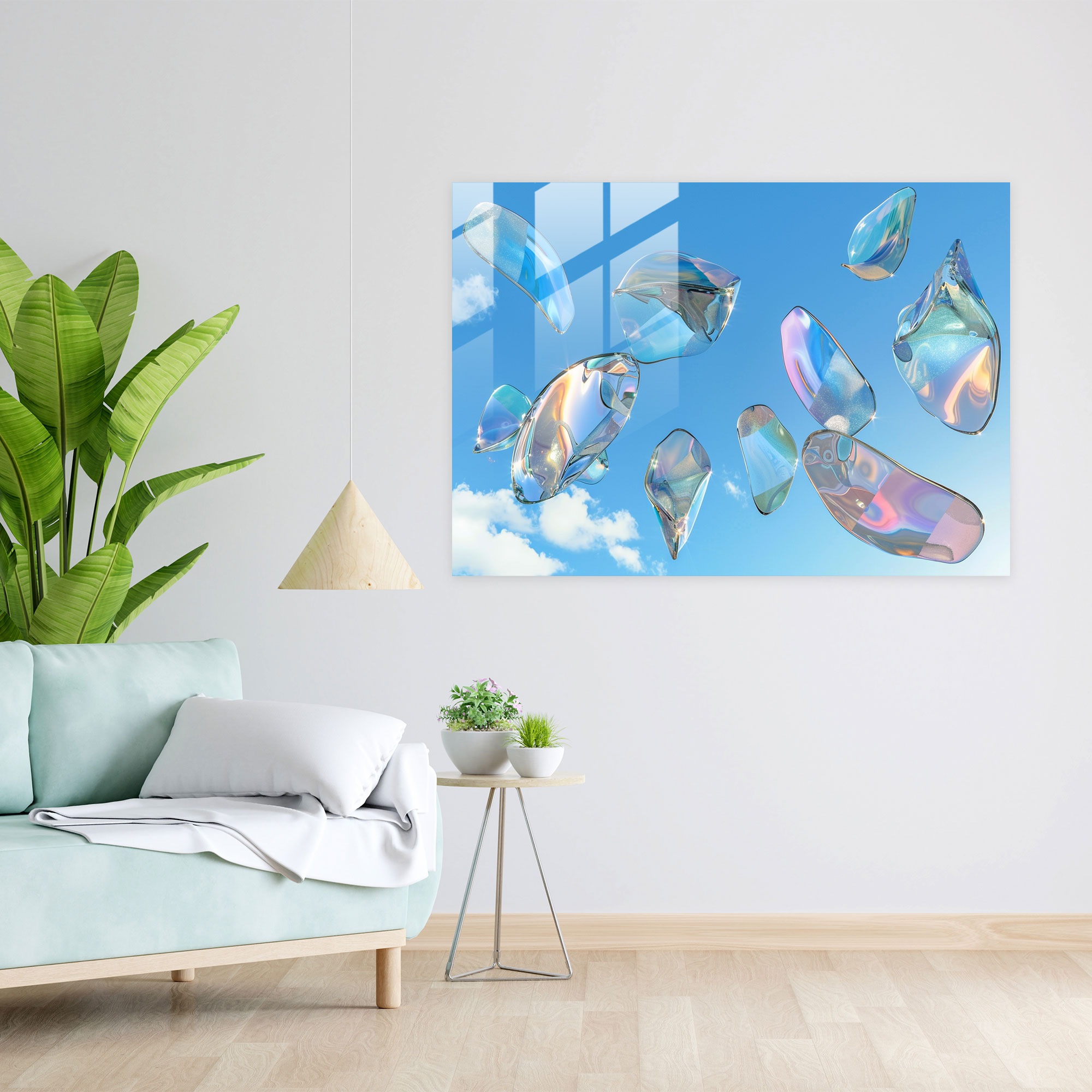 Surrealism Glass Print: Abstract Shapes Floating In A Blue Sky - Surrealism Art, Surrealism, Glass Print, Home Decoration
