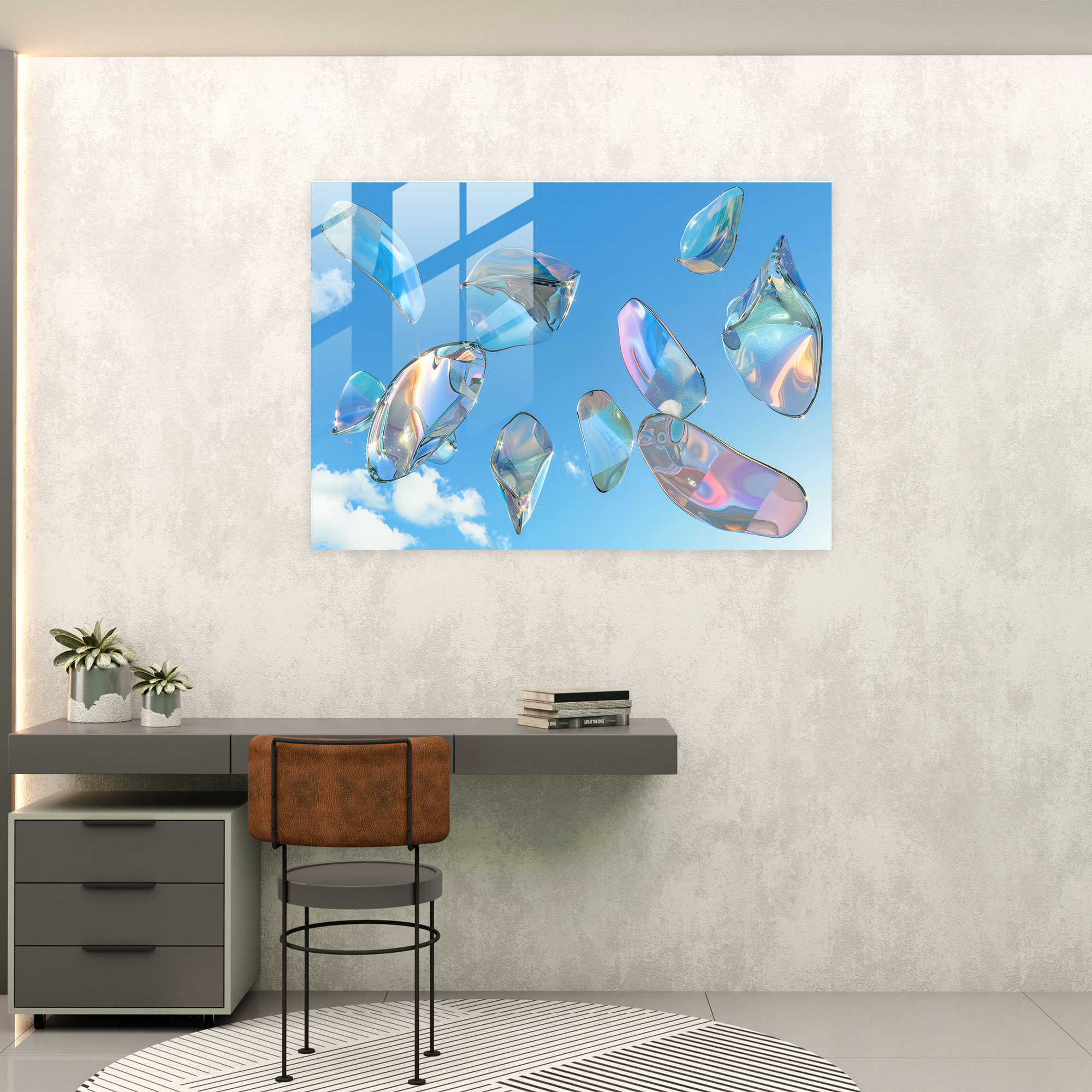 Surrealism Glass Print: Abstract Shapes Floating In A Blue Sky - Surrealism Art, Surrealism, Glass Print, Home Decoration