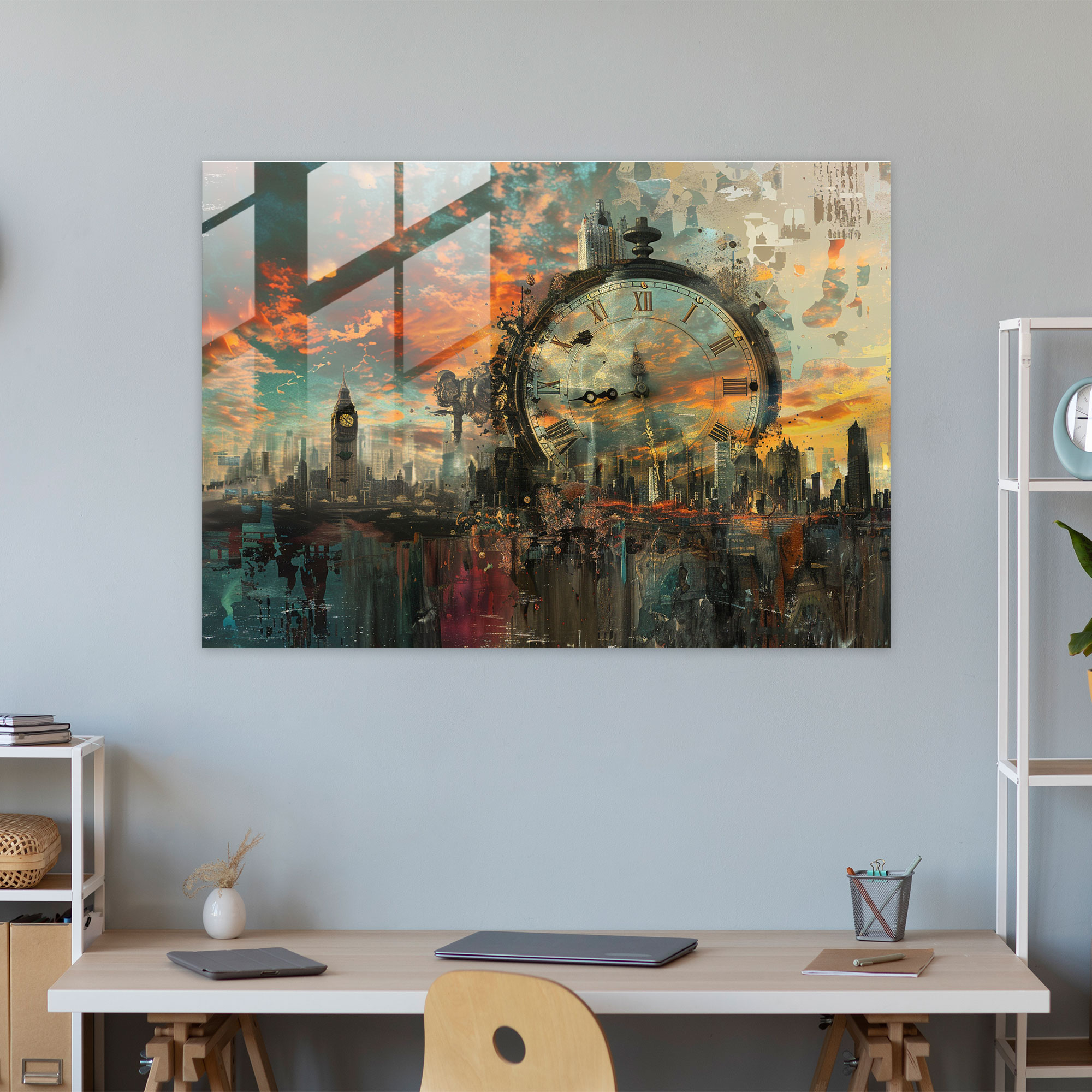 Surrealism Melting Clock Glass Print - Surrealism Art, Home Decoration, Surrealism Art, Melting Clock