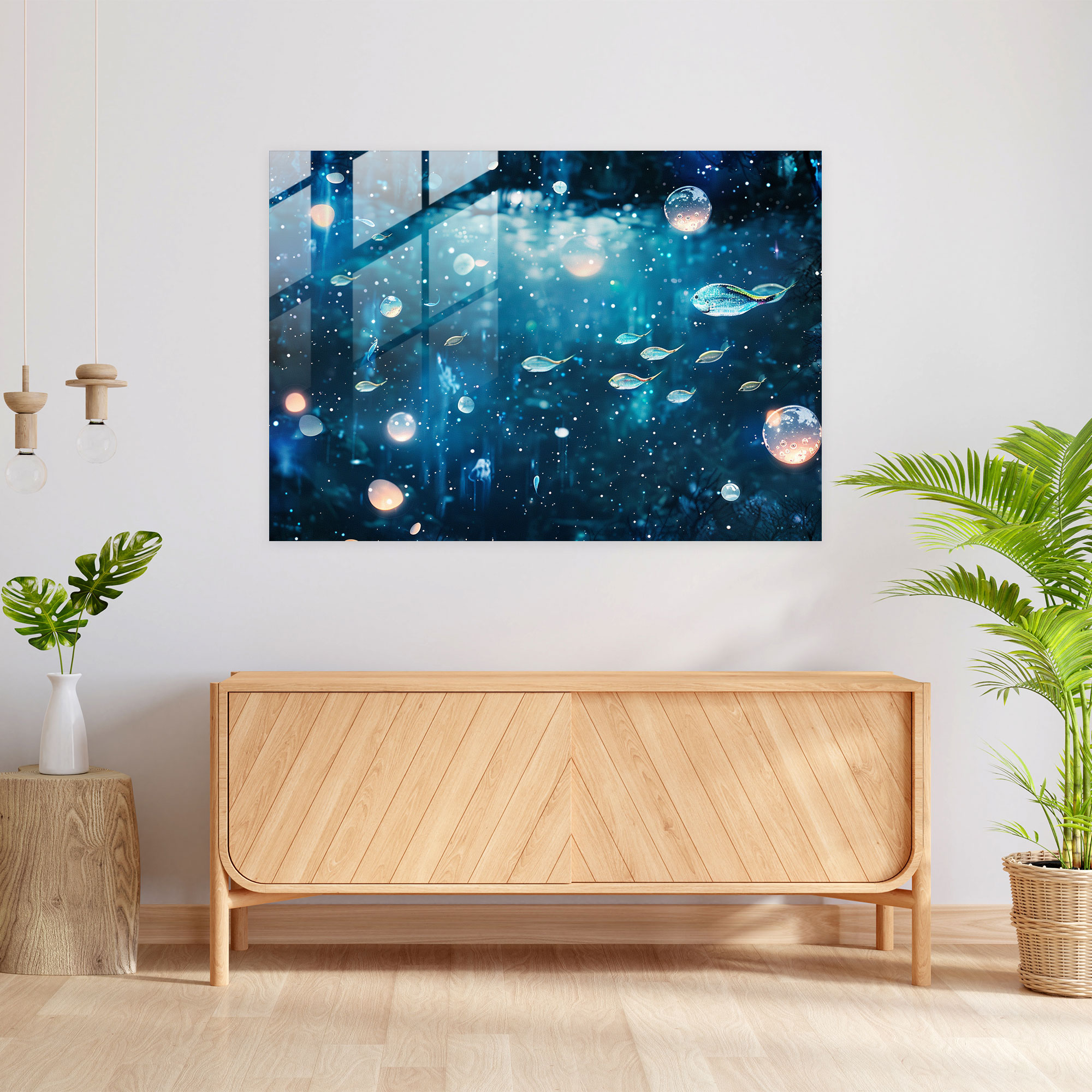 Surrealism Celestial Dreams Glass Print - Surrealism Art, Home Decoration, Glowing Orbs, Celestial Dreams