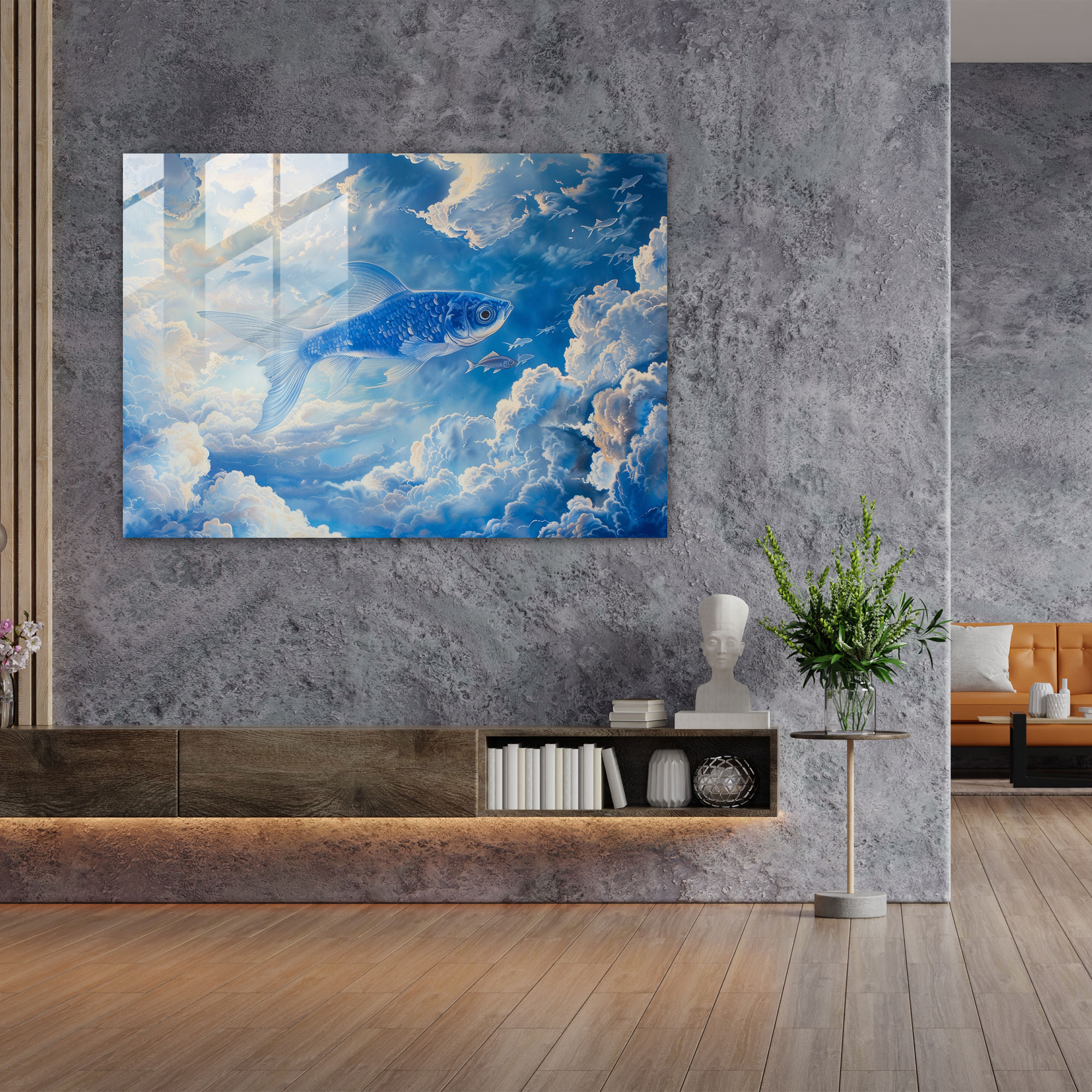 Flying Fish Glass Wall Art - Surrealism Art, Home Decoration, Glass Print, Wall Decoration