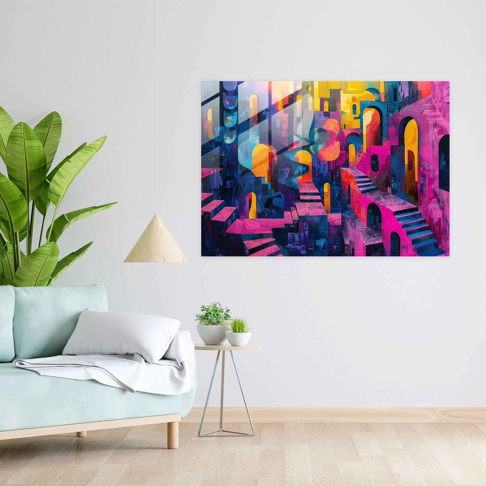 Surrealism Wall Decoration - Vibrant Cityscape - Surrealism Art, Home Decoration, Modern Art, Glass Print