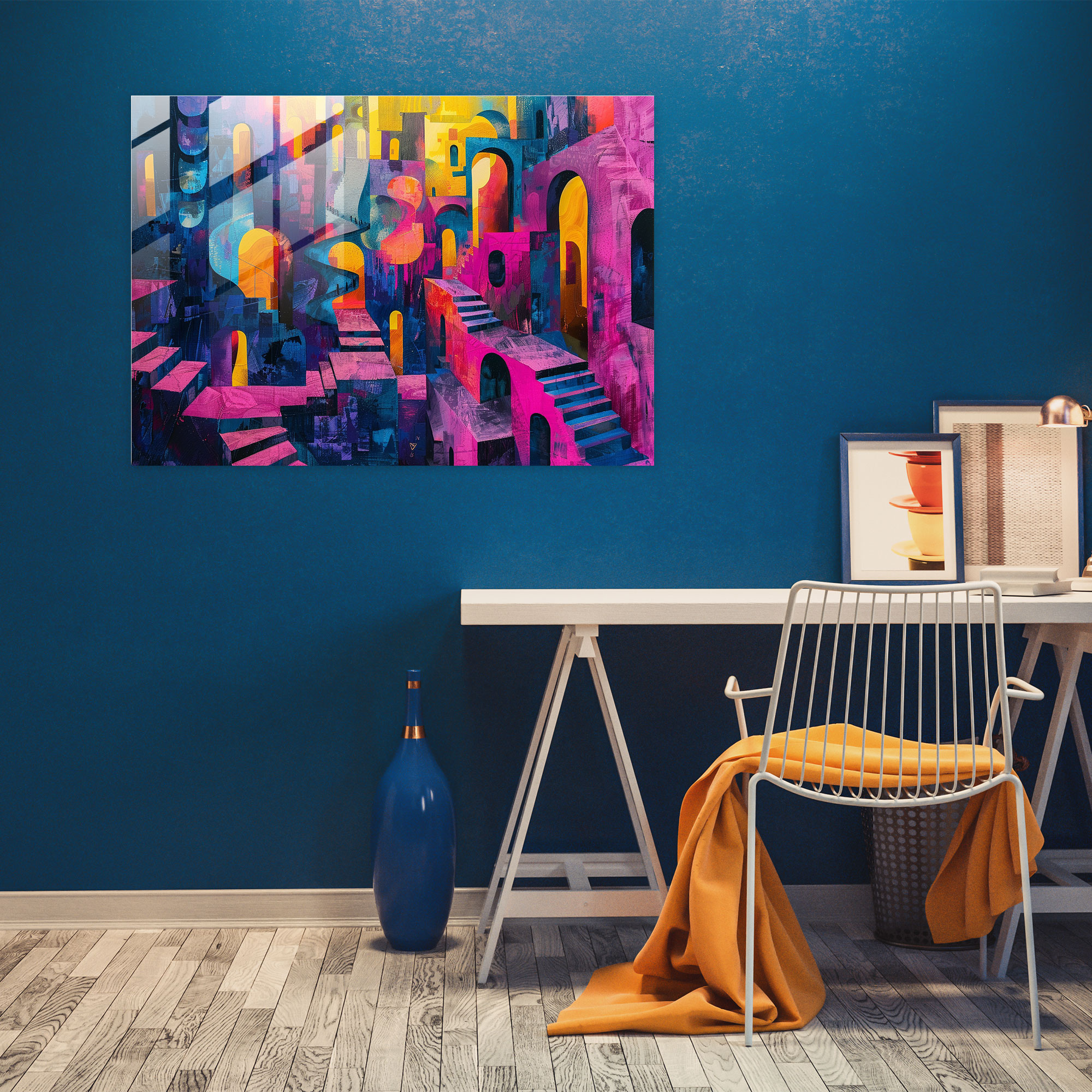 Surrealism Wall Decoration - Vibrant Cityscape - Surrealism Art, Home Decoration, Modern Art, Glass Print