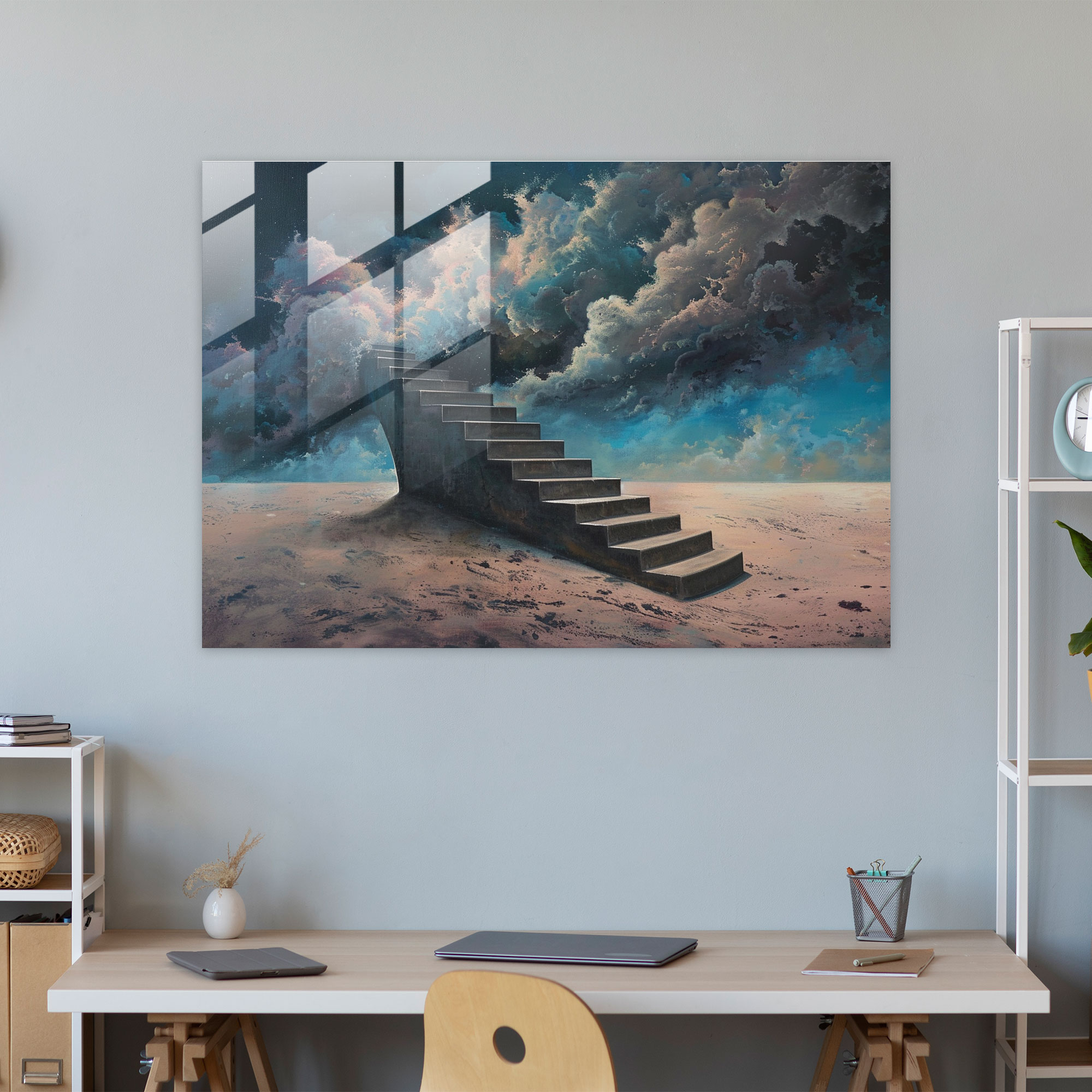 Surrealism Art Glass Art - Surrealism Art, Modern Art, Glass Print, Staircase