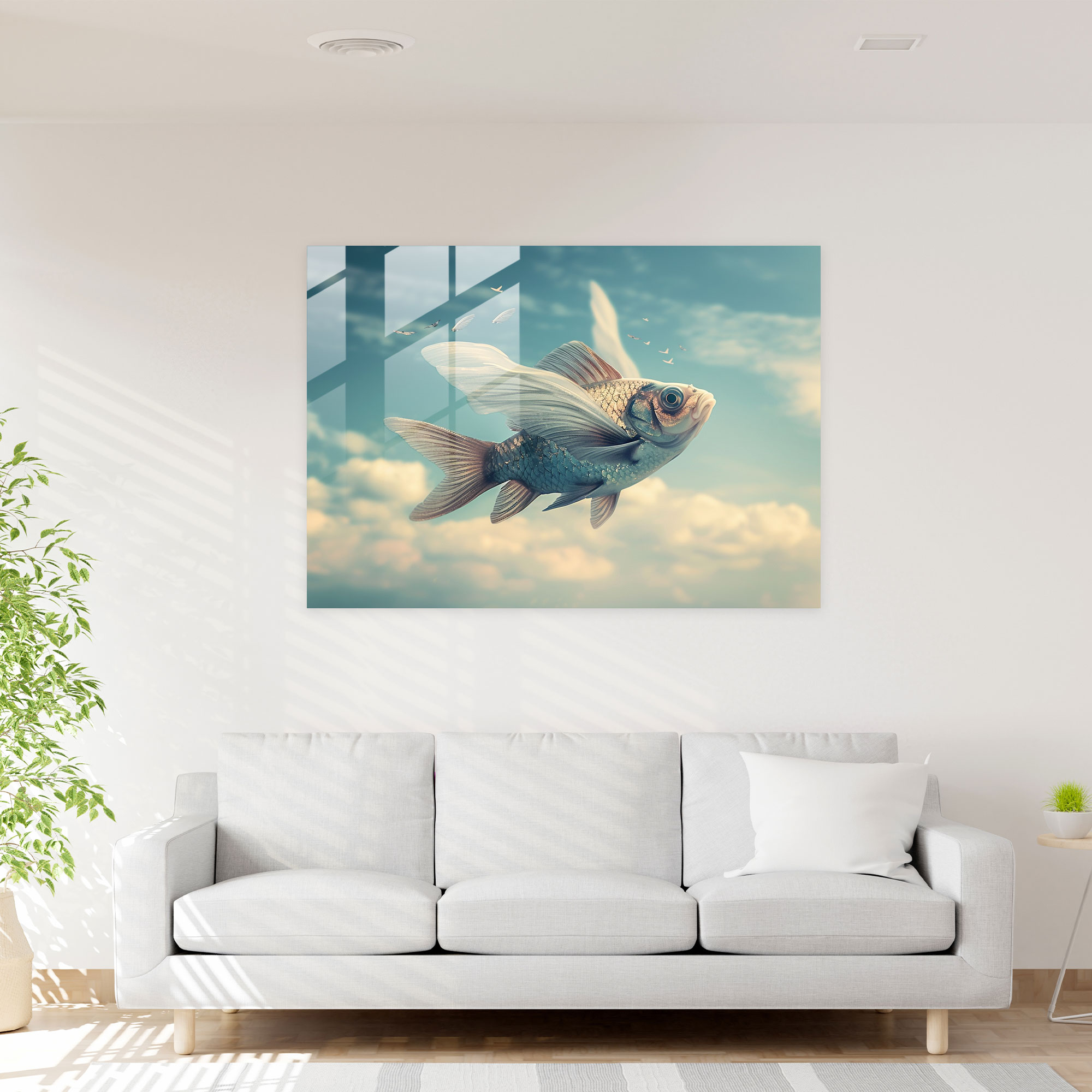 Flying Fish Glass Wall Art - Surrealism Art, Glass Wall Art, Home Decoration, Surrealism Art