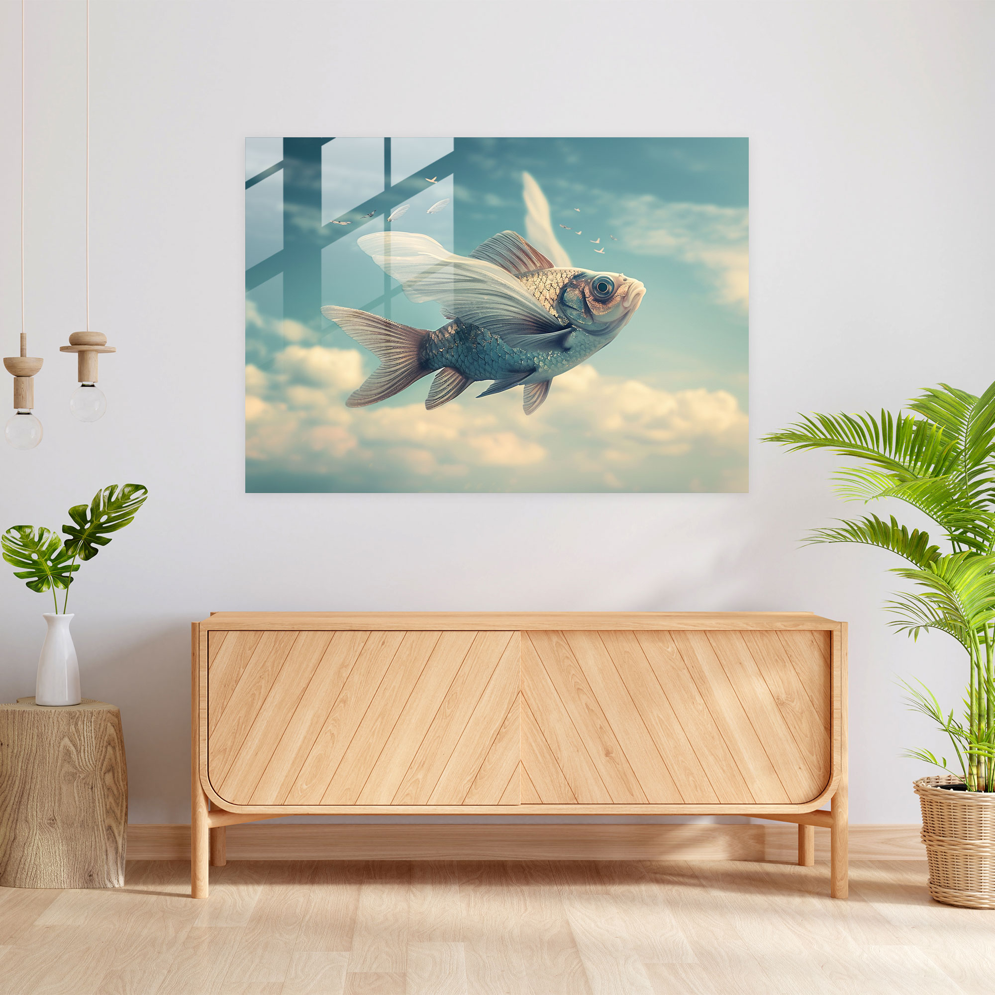 Flying Fish Glass Wall Art - Surrealism Art, Glass Wall Art, Home Decoration, Surrealism Art