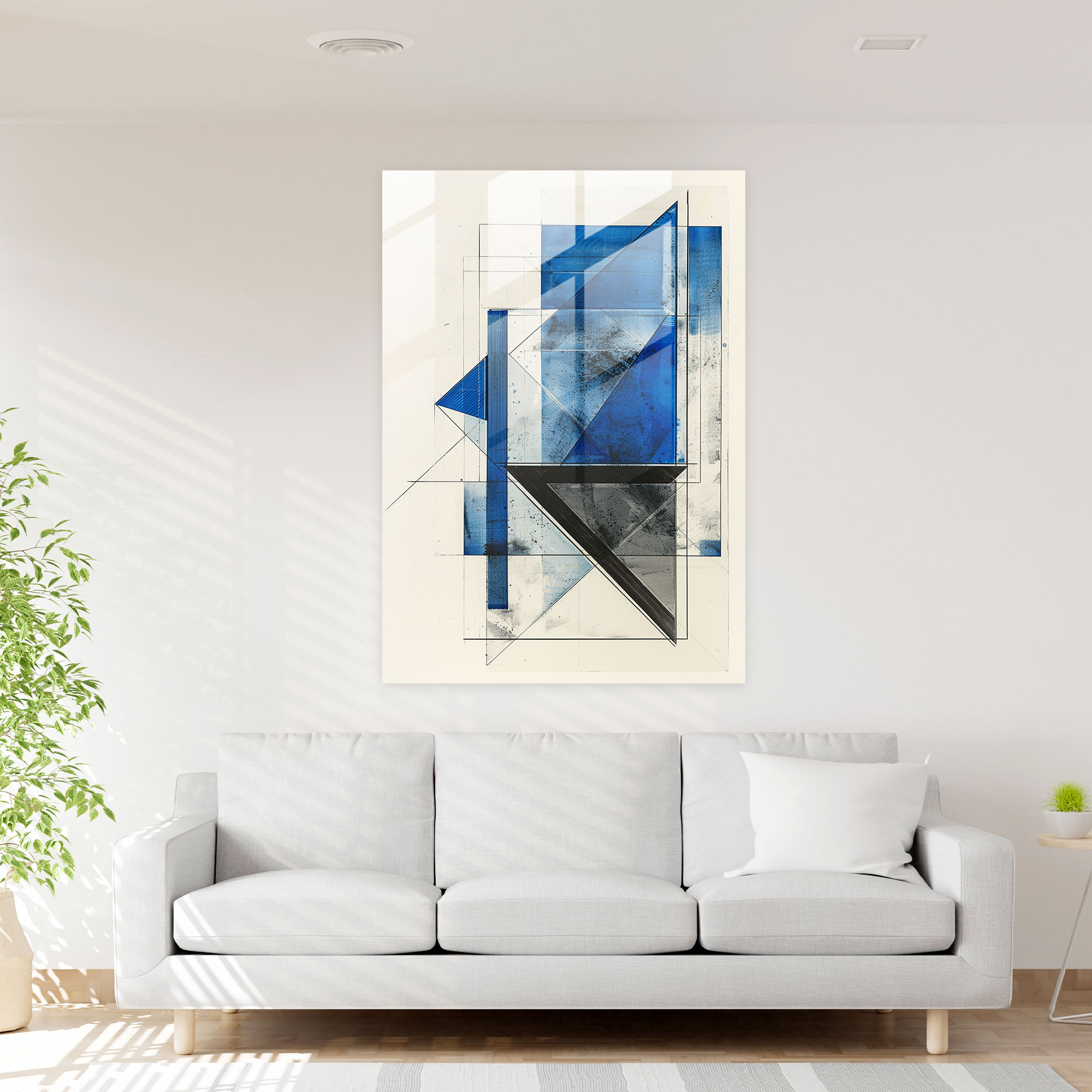 White Rectangle & Blue Triangle Suprematism Glass Art - Suprematism, Modern Art, Home Decoration, Glass Wall Art