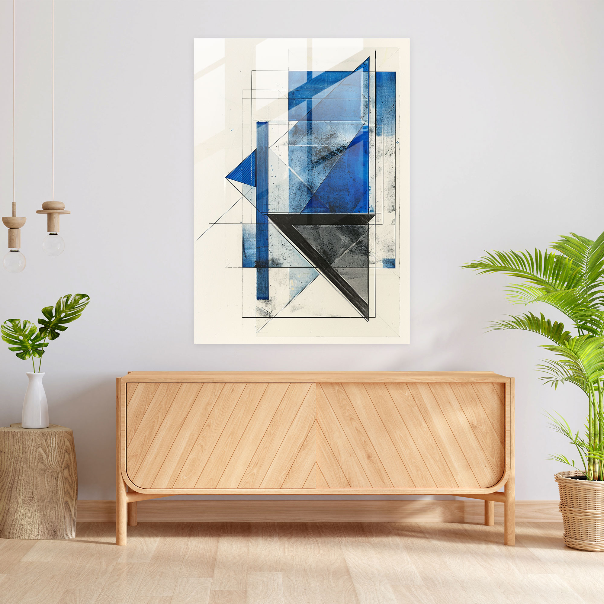 White Rectangle & Blue Triangle Suprematism Glass Art - Suprematism, Modern Art, Home Decoration, Glass Wall Art