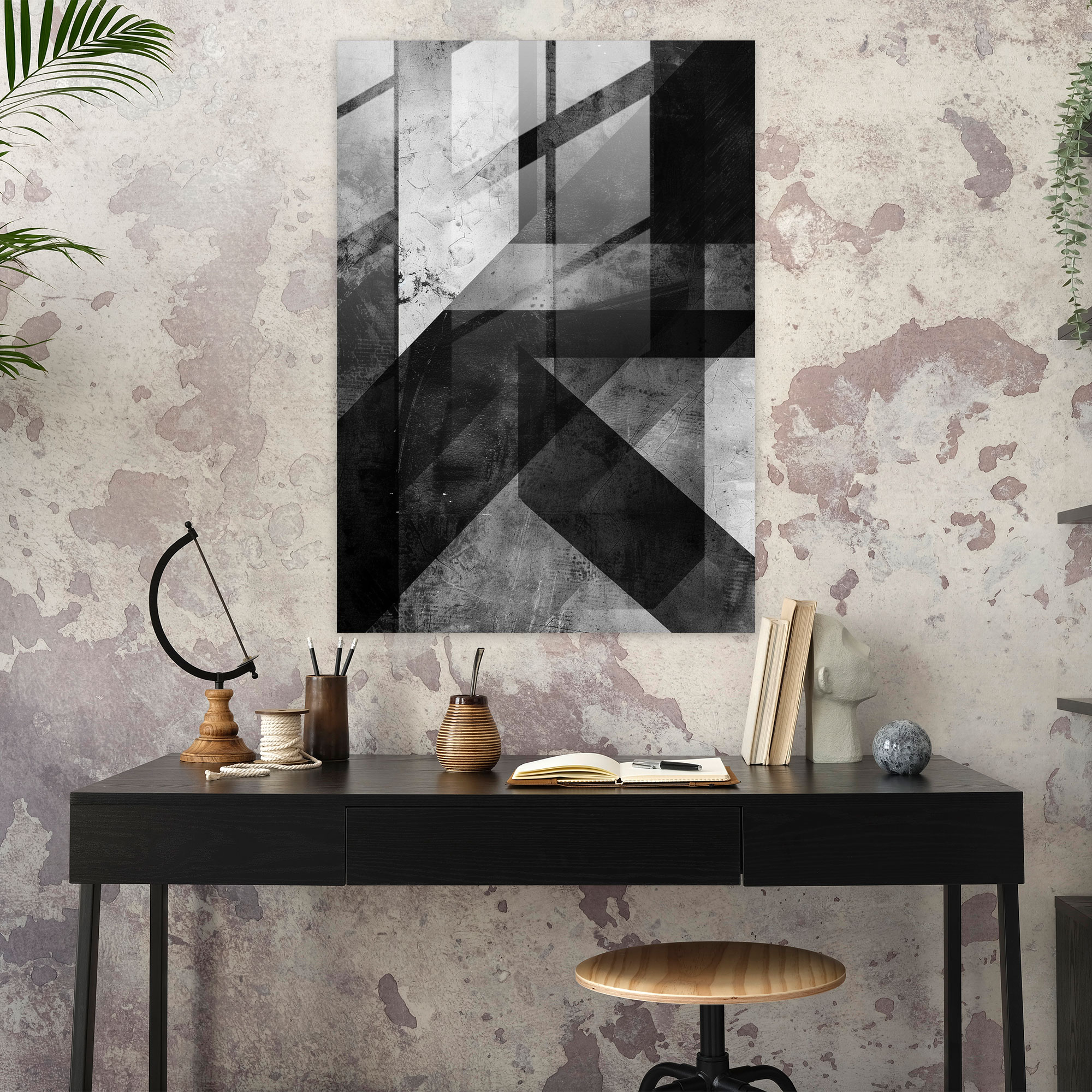 Suprematism Home Decoration - Monochrome Abstract Shapes With Texture - Suprematism, Glass Print, Home Decoration, Suprematism