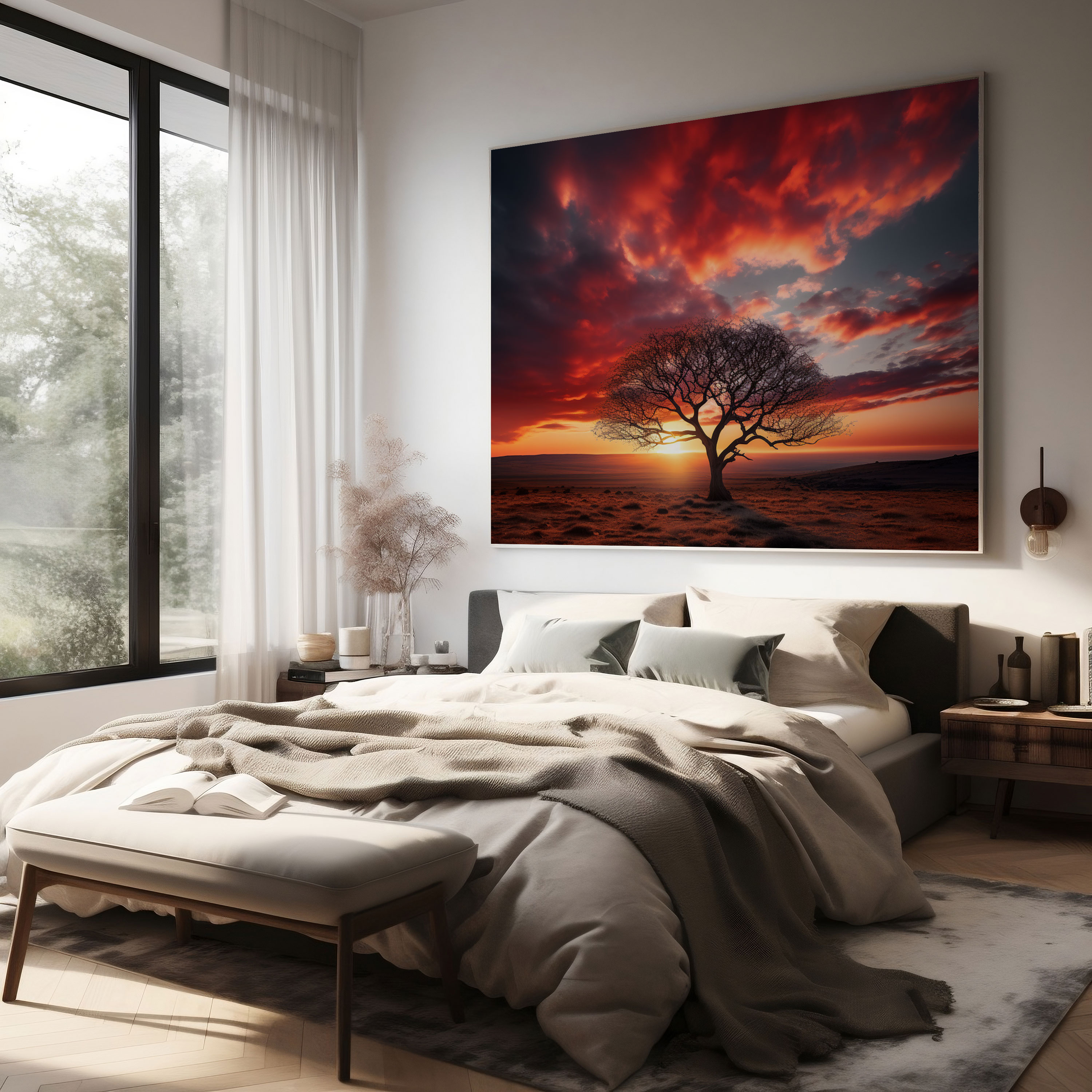 Fiery Sunset Tree Canvas Print - Sunset, Canvas Wall Art, Sunset Wall Art, Sunset Home Decoration