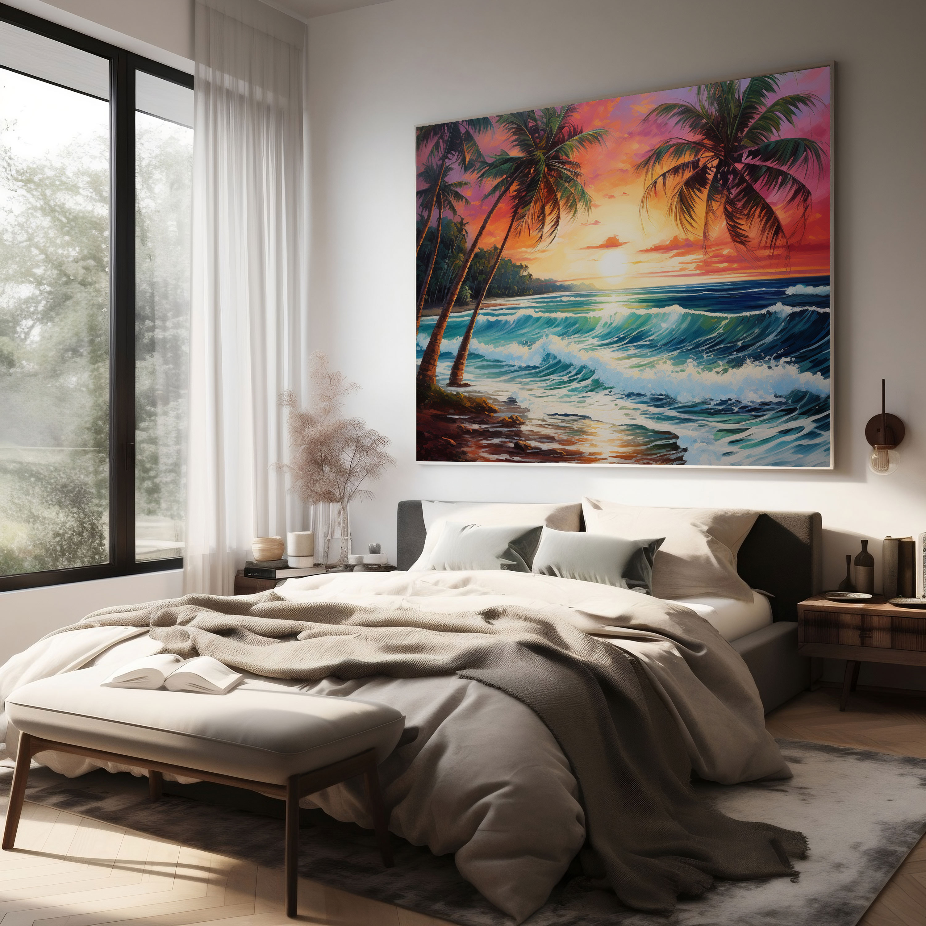 Sunset Beach Canvas Print - Sunset, Waves, Canvas Print, Palm Trees