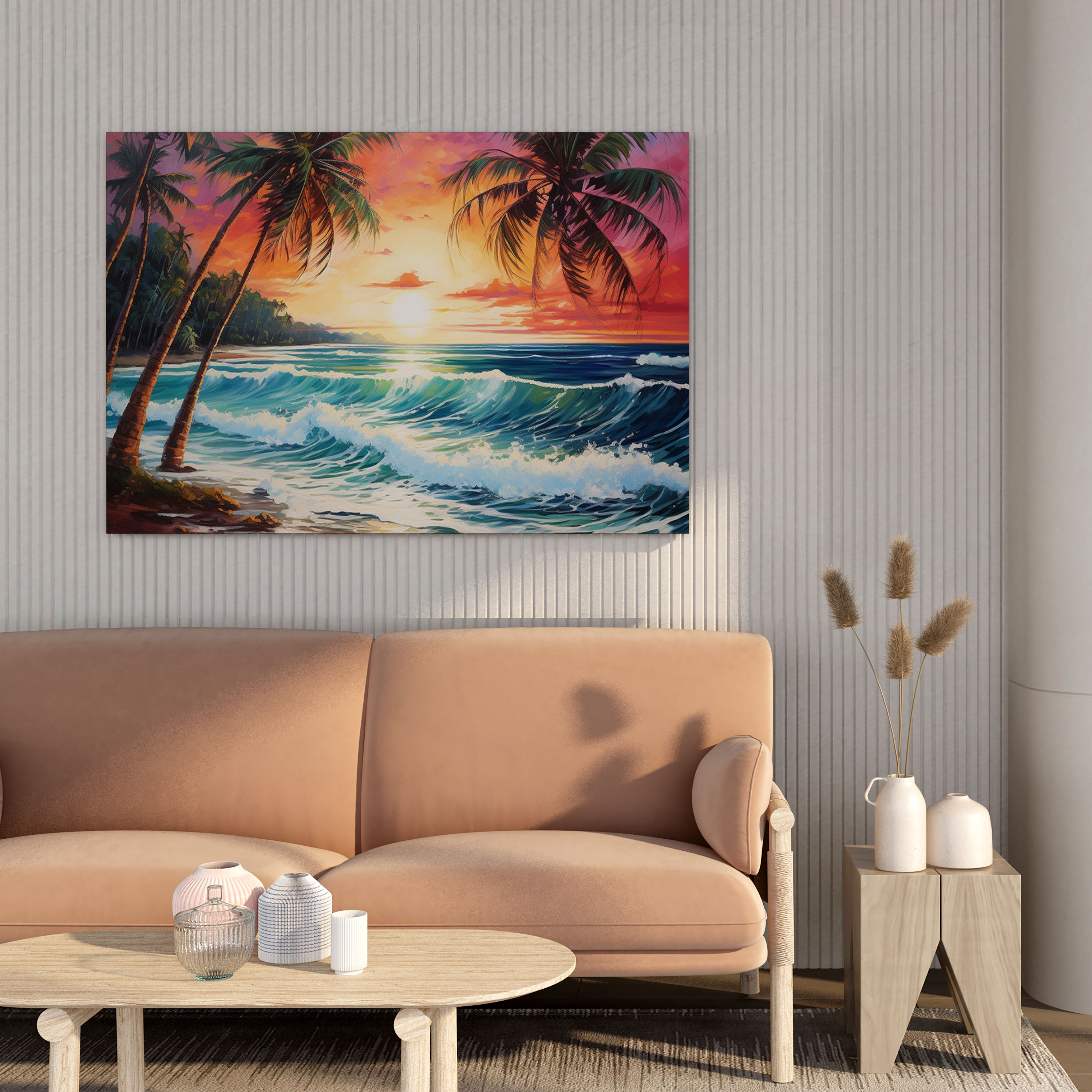 Sunset Beach Canvas Print - Sunset, Waves, Canvas Print, Palm Trees