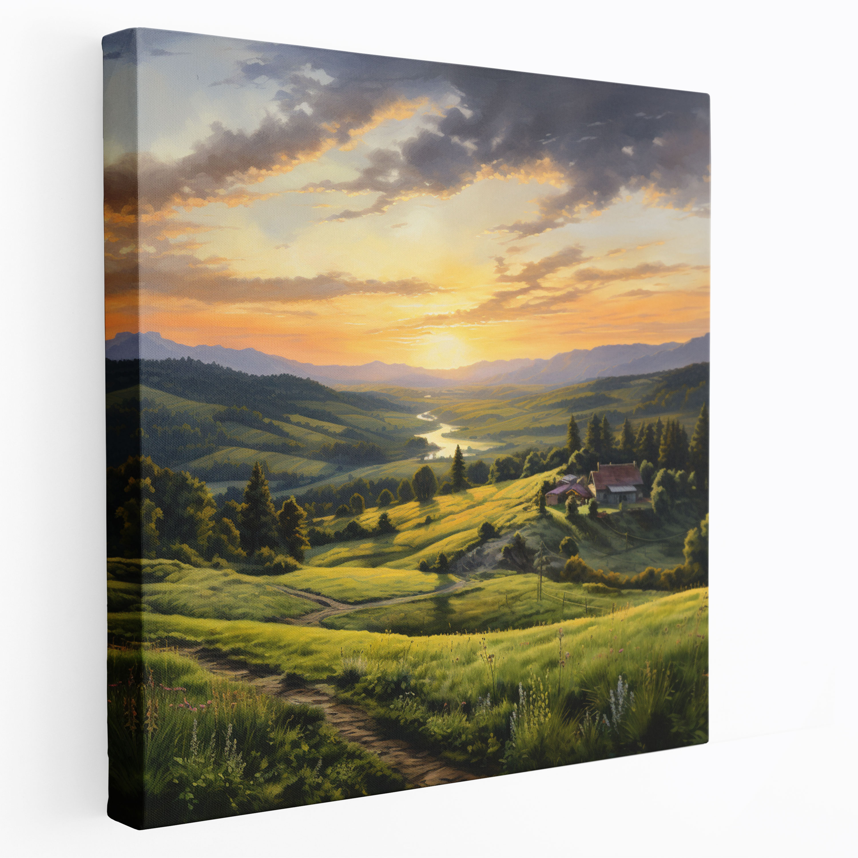Peaceful Sunset Countryside Canvas Print - Sunset, Home Decoration, Realistic Oil Painting, Countryside
