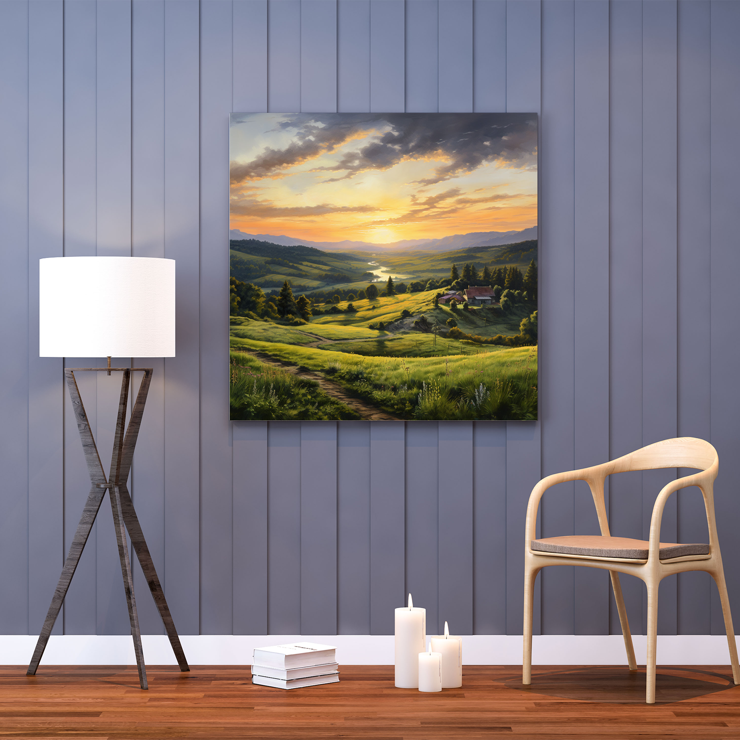 Peaceful Sunset Countryside Canvas Print - Sunset, Home Decoration, Realistic Oil Painting, Countryside