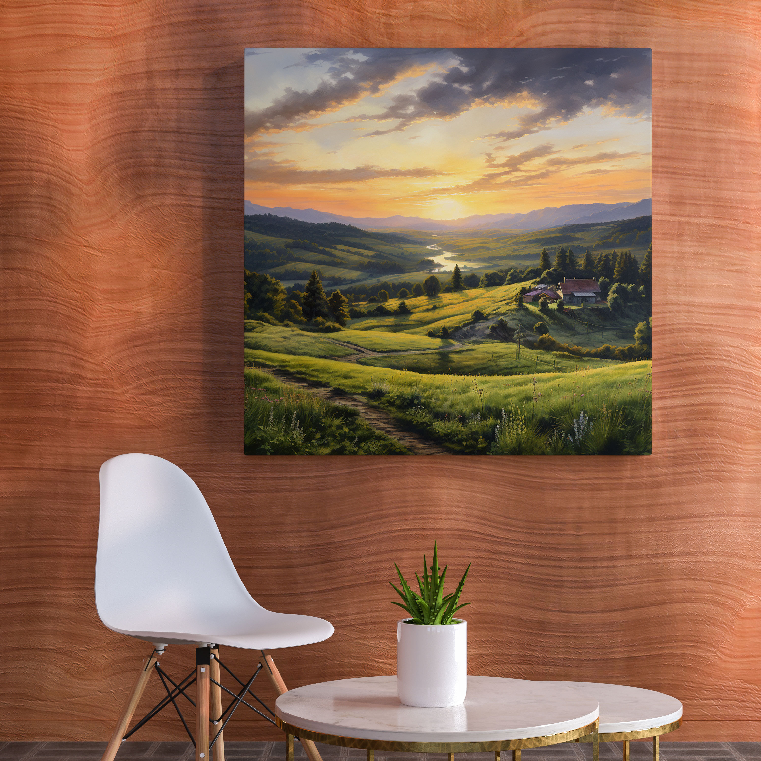 Peaceful Sunset Countryside Canvas Print - Sunset, Home Decoration, Realistic Oil Painting, Countryside