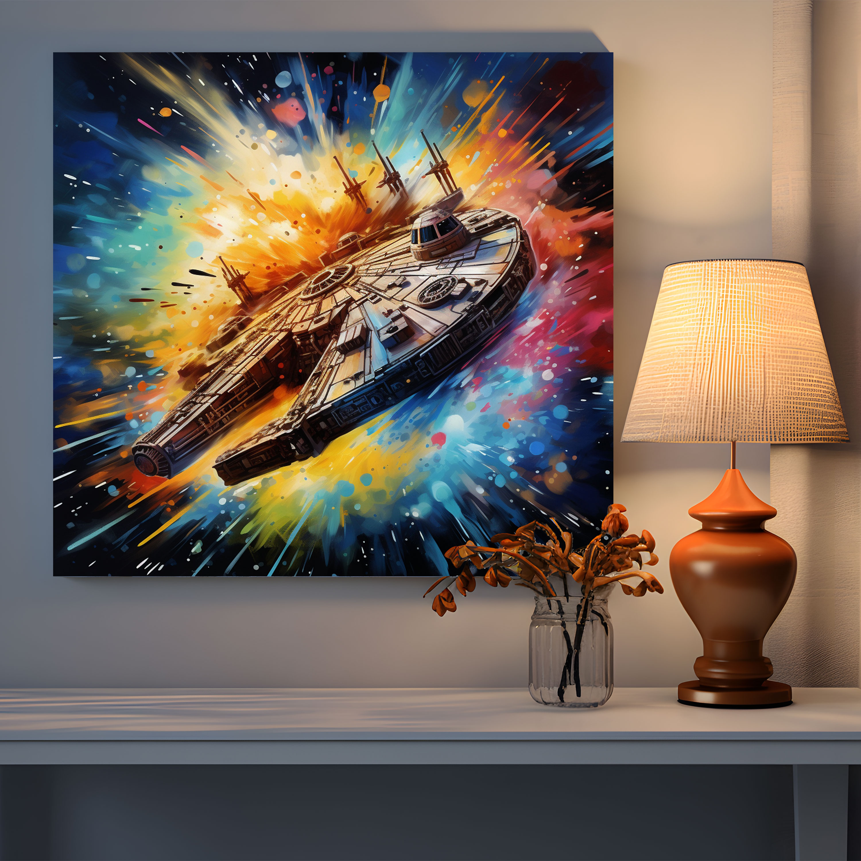 Star Wars Wall Art - Splash Art Millennium Falcon Canvas Print - Star Wars, Canvas, Home Decoration, Splash Art Painting