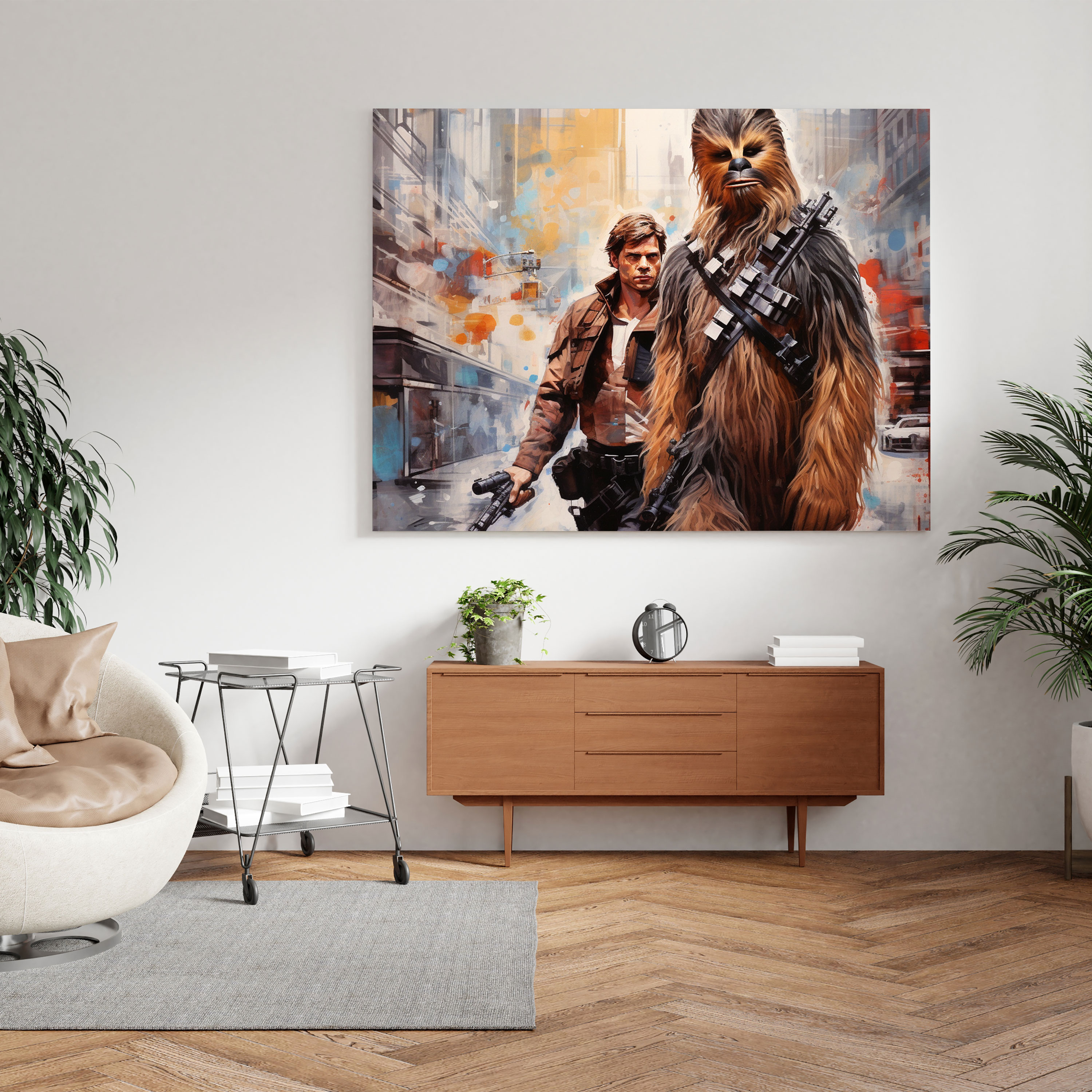 Star Wars Wall Decoration - Mixed Media Han Solo And Chewbacca Canvas Print - Star Wars, Cityscape, Home Decoration, Canvas