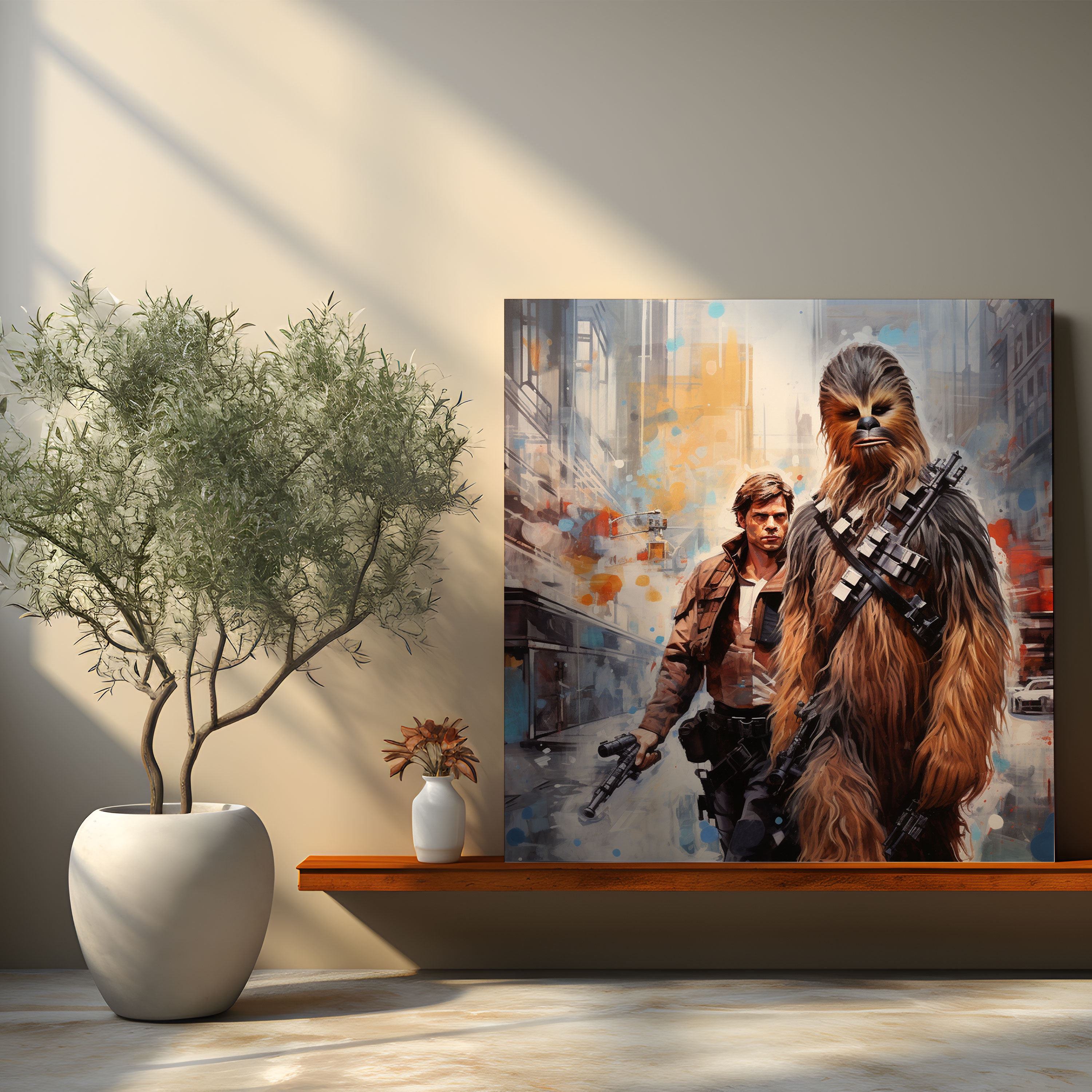 Star Wars Wall Decoration - Mixed Media Han Solo And Chewbacca Canvas Print - Star Wars, Cityscape, Home Decoration, Canvas