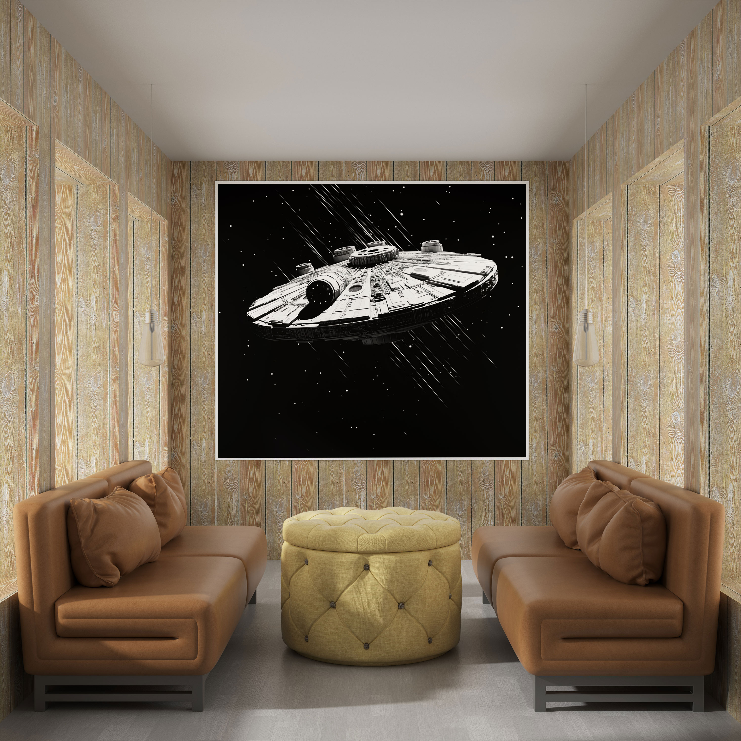 Star Wars Wall Art - Millennium Falcon In Black And White - Star Wars, Wall Art, Minimalistic, Digital Illustration