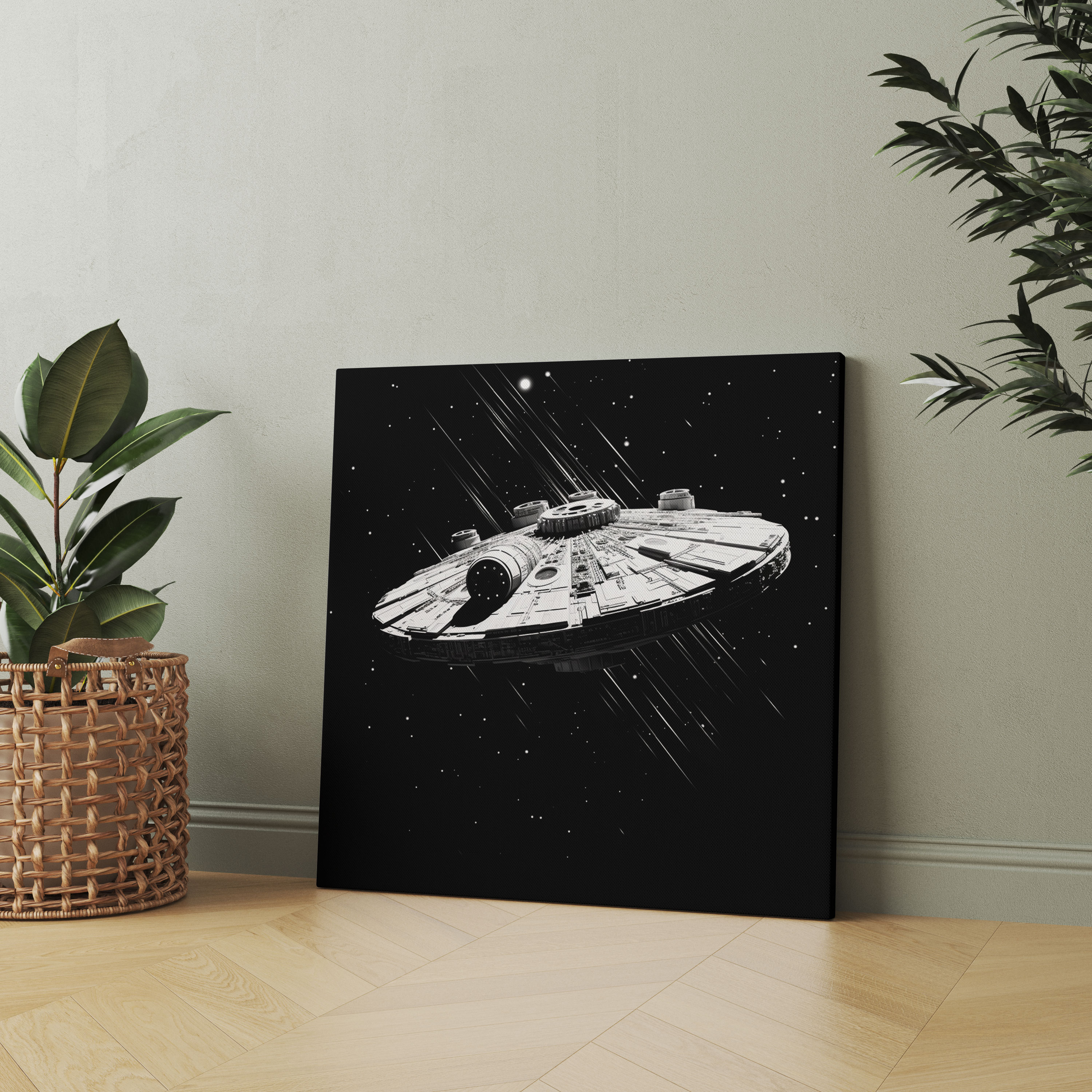 Star Wars Wall Art - Millennium Falcon In Black And White - Star Wars, Wall Art, Minimalistic, Digital Illustration
