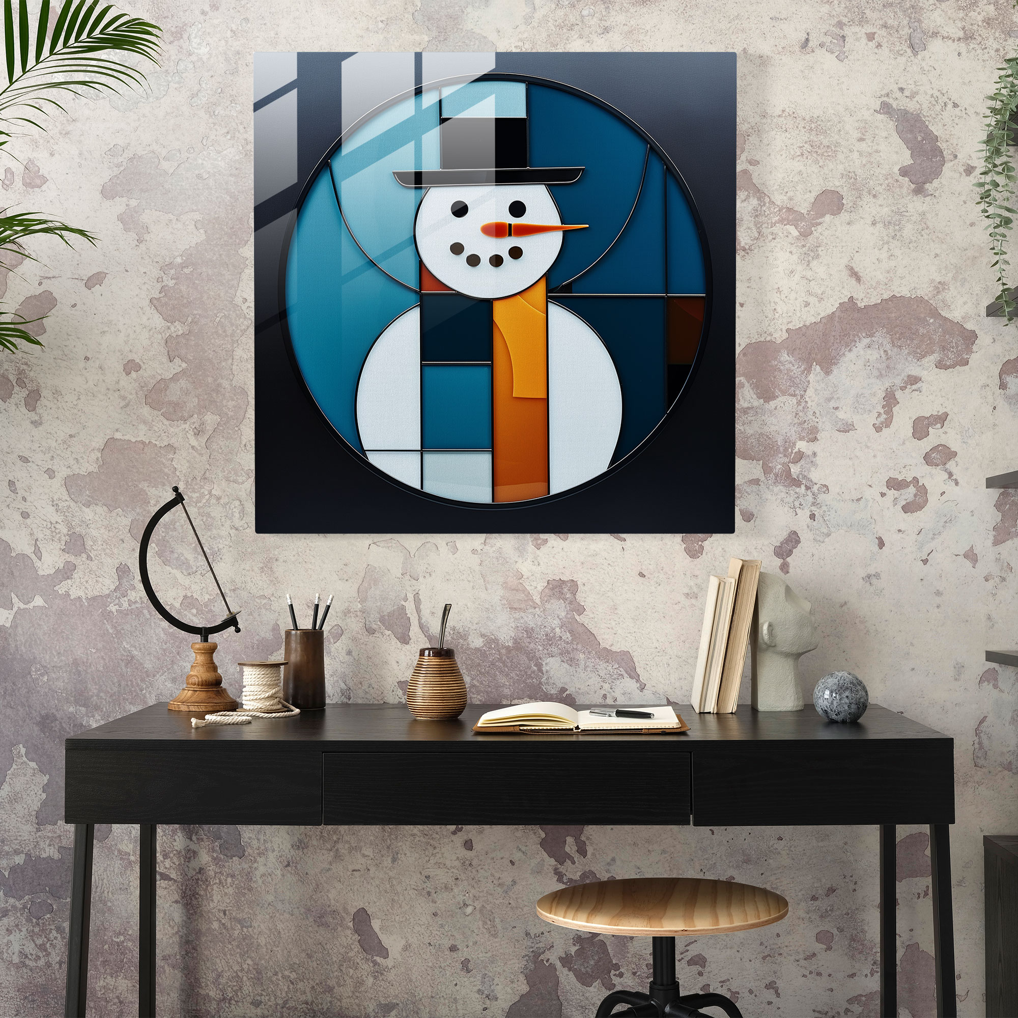 Snowman Glass Wall Art - Snowman, Minimalist, Modern Art, Glass Art