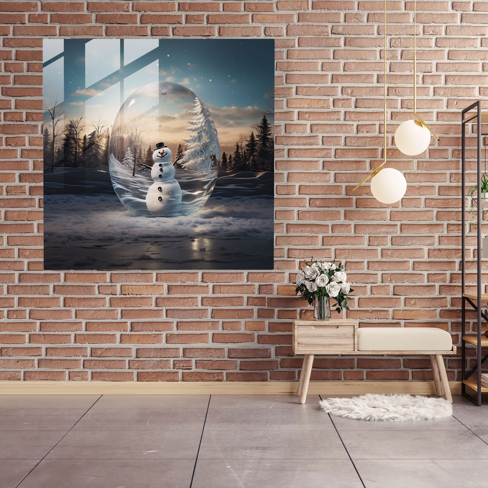 Elegant Snowman Glass Print - Snowman, Snowman, Wall Decoration, Snowy Landscape