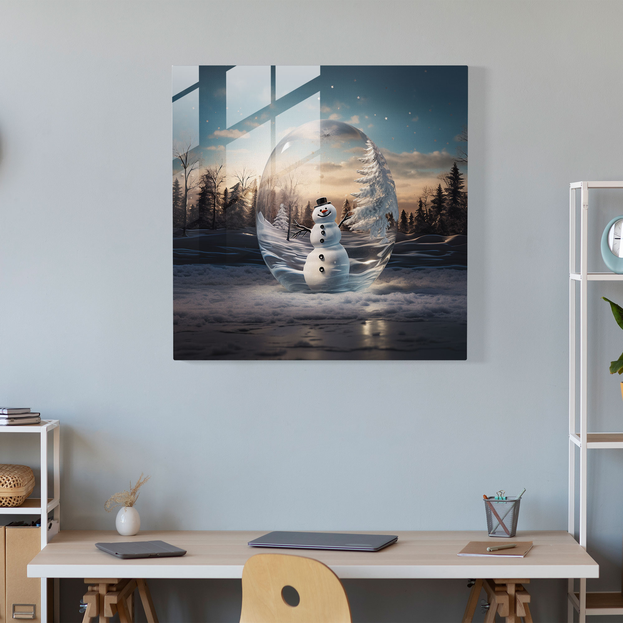 Elegant Snowman Glass Print - Snowman, Snowman, Wall Decoration, Snowy Landscape