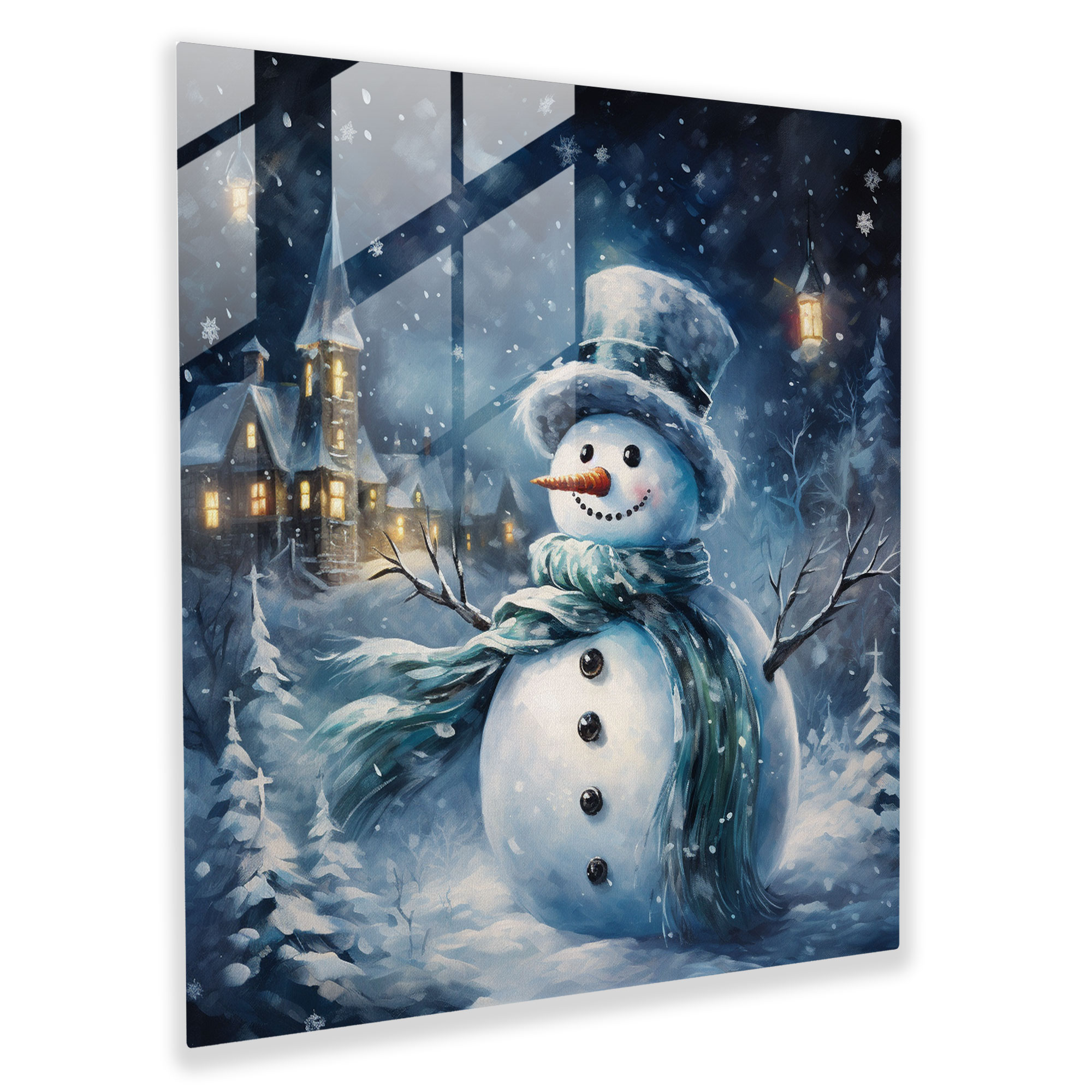 Whimsical Snowman Glass Print - Snowman, Charming, Falling Snowflakes, Glass Print