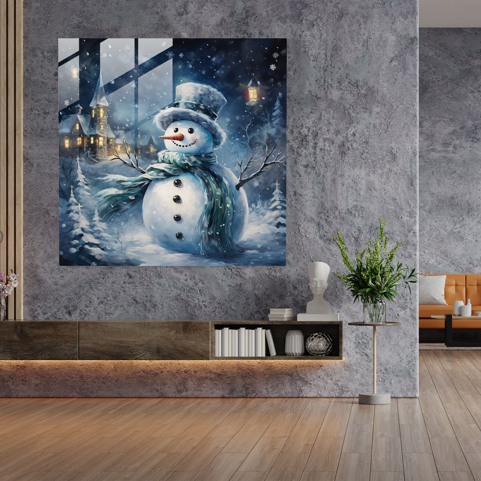 Whimsical Snowman Glass Print - Snowman, Charming, Falling Snowflakes, Glass Print