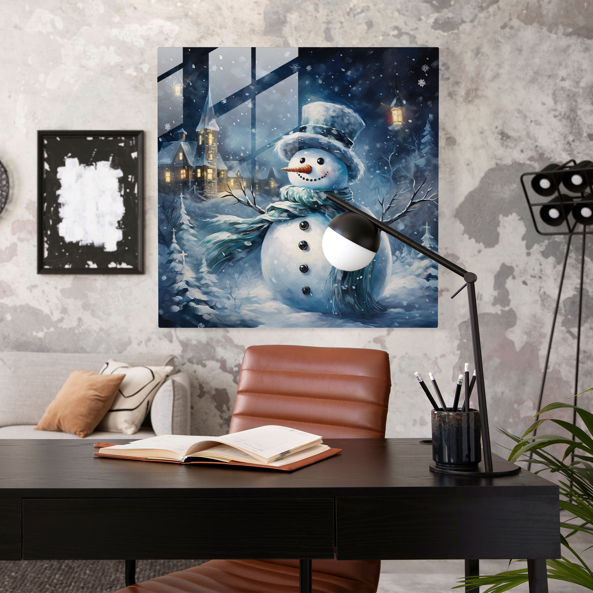 Whimsical Snowman Glass Print - Snowman, Charming, Falling Snowflakes, Glass Print