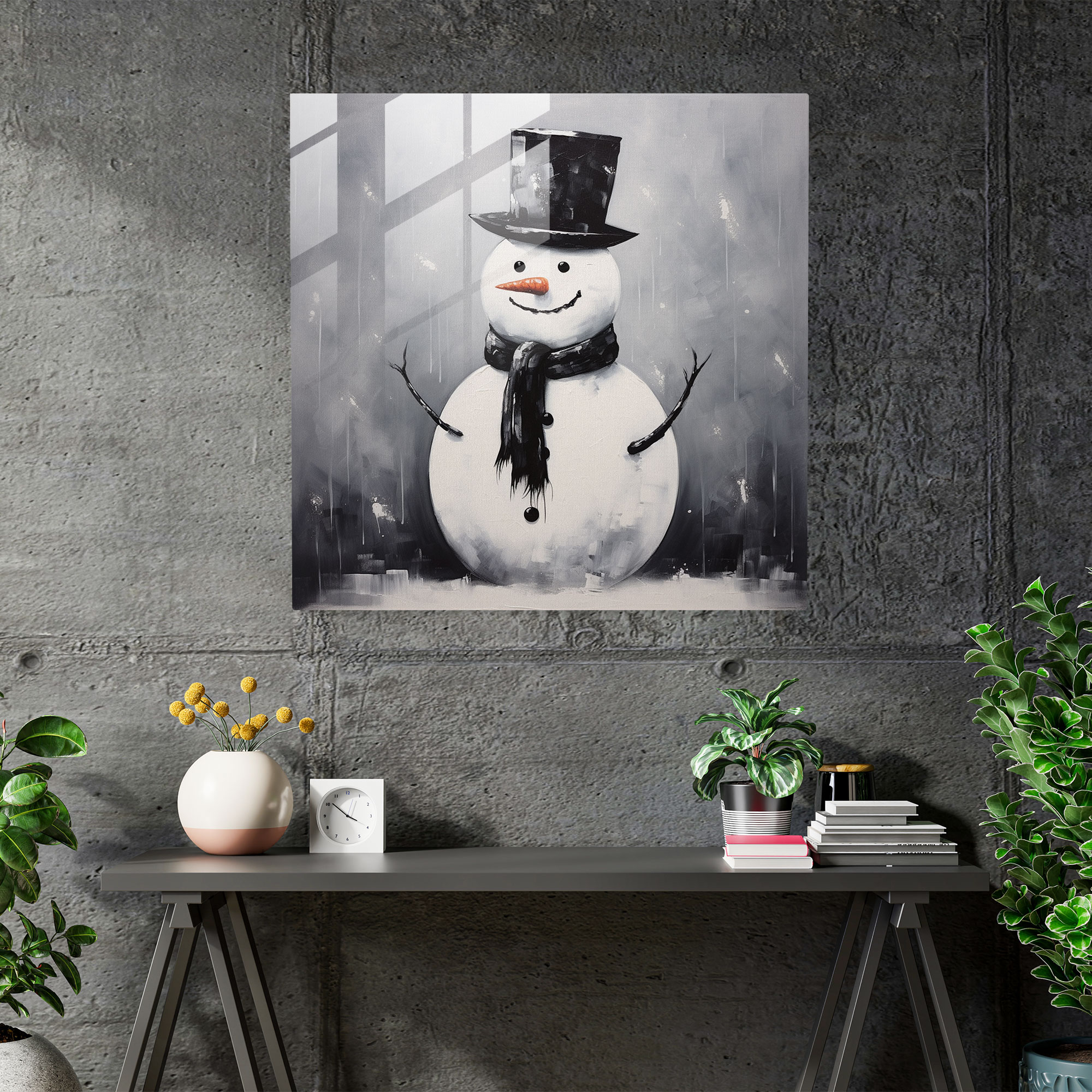 Monochromatic Snowman Glass Print - Snowman, Modern Art, Home Decoration, Modern Aesthetic