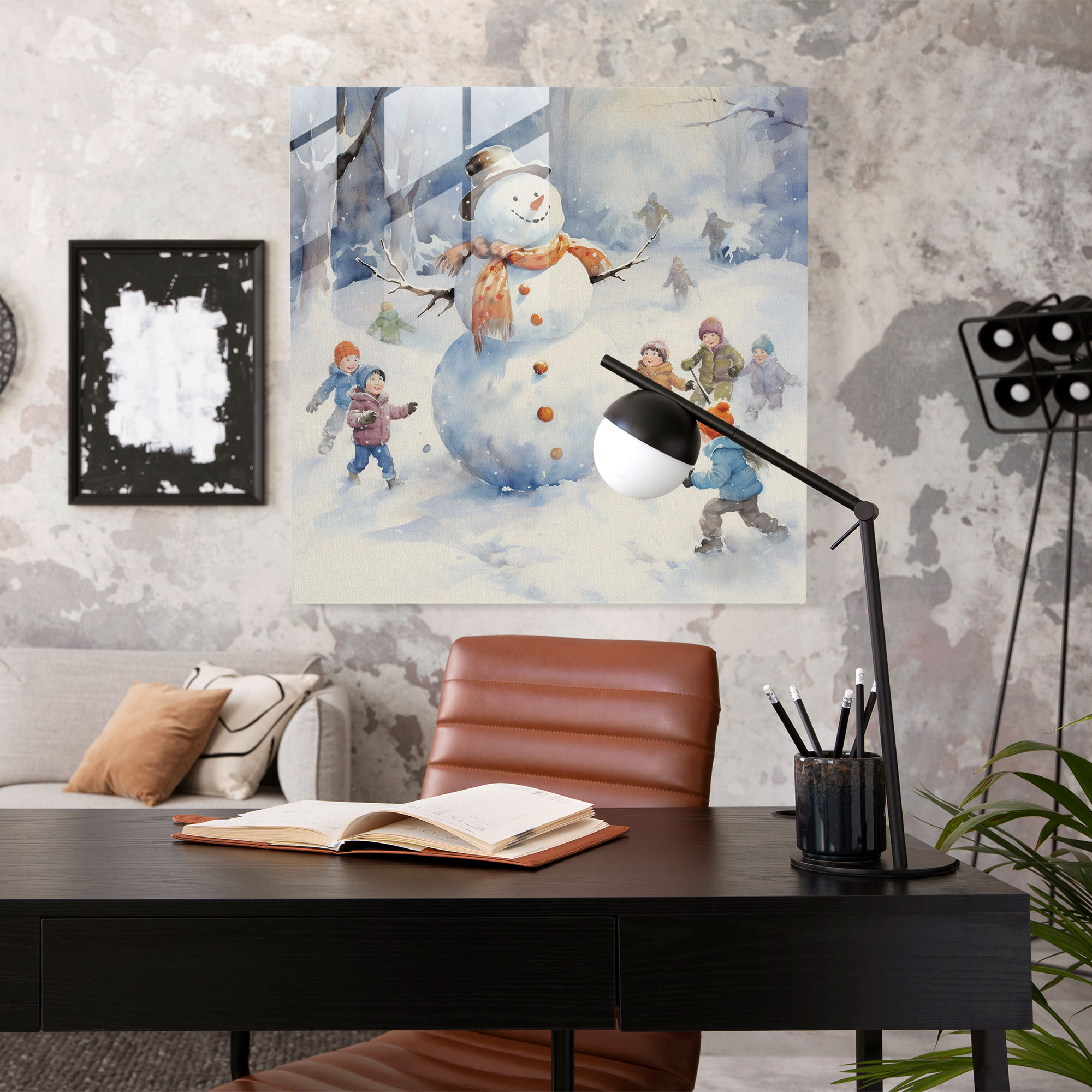 Kardan Adam Cam Tablo - Çocuklar Oynarken Modern Sanat Suluboya Resim