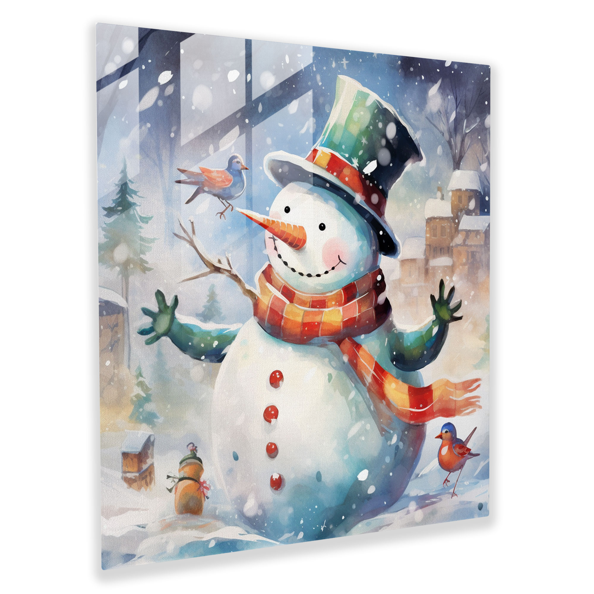 Snowman Glass Print - Snowman, Wall Decoration, Playful Illustration, Home Decoration