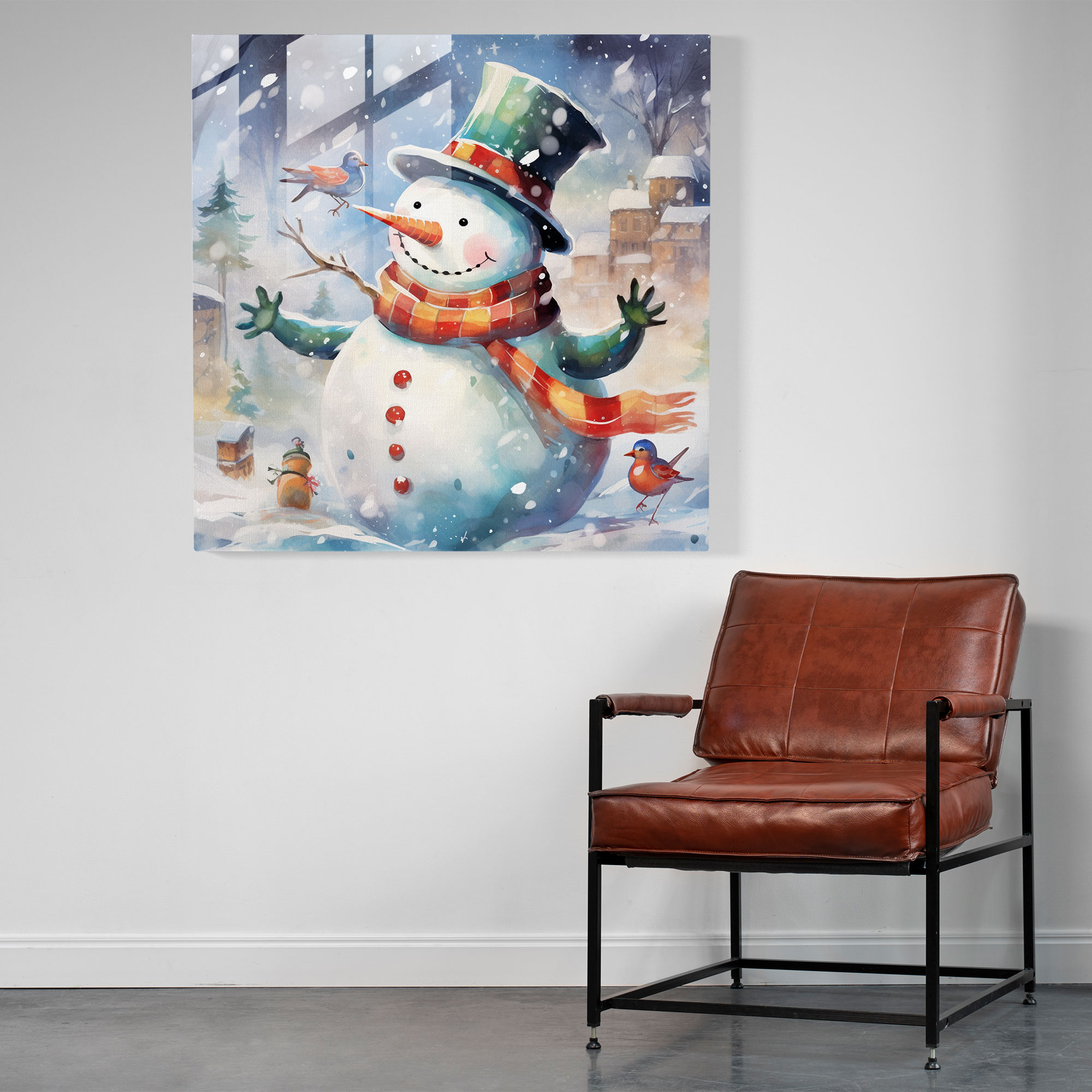 Snowman Glass Print - Snowman, Wall Decoration, Playful Illustration, Home Decoration