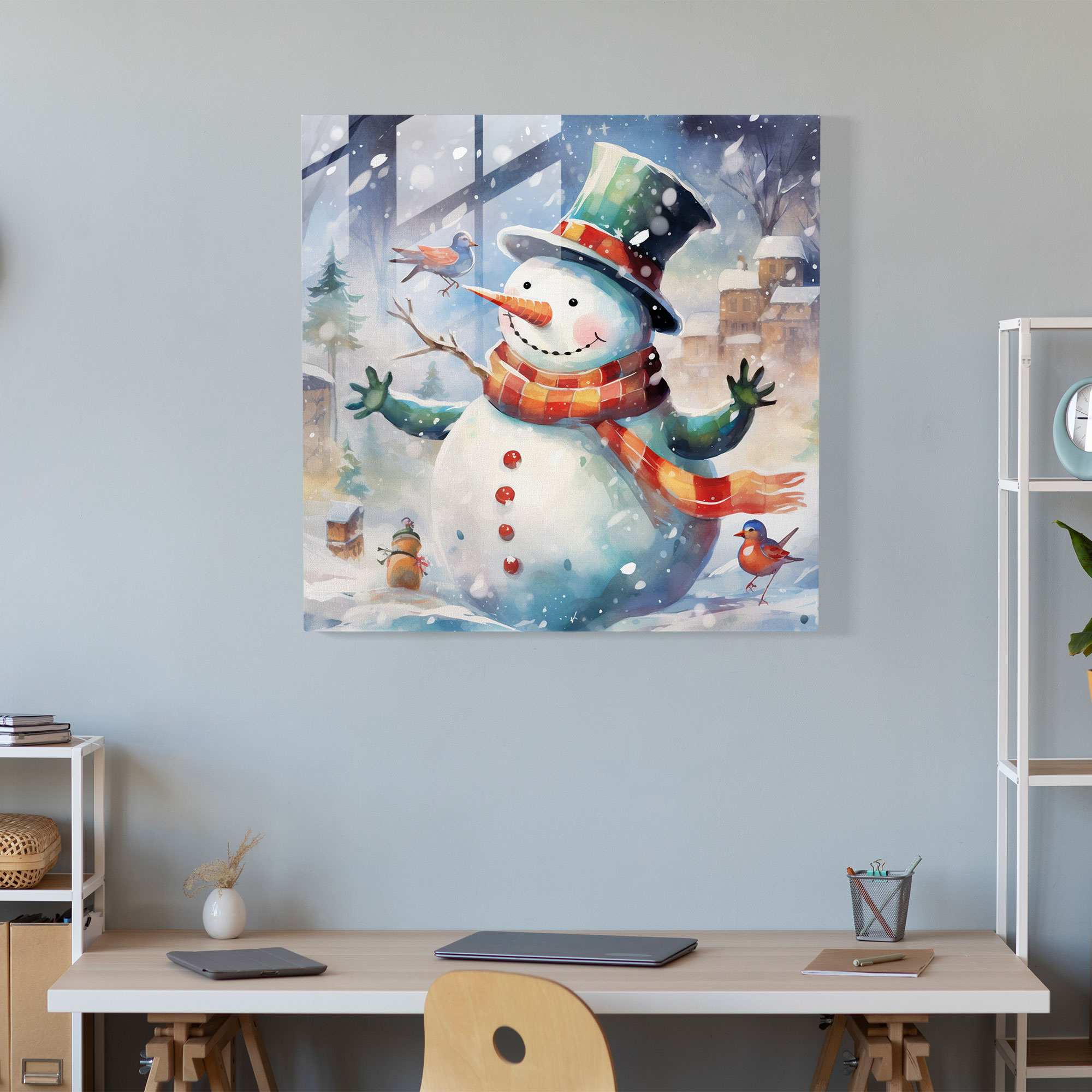 Snowman Glass Print - Snowman, Wall Decoration, Playful Illustration, Home Decoration