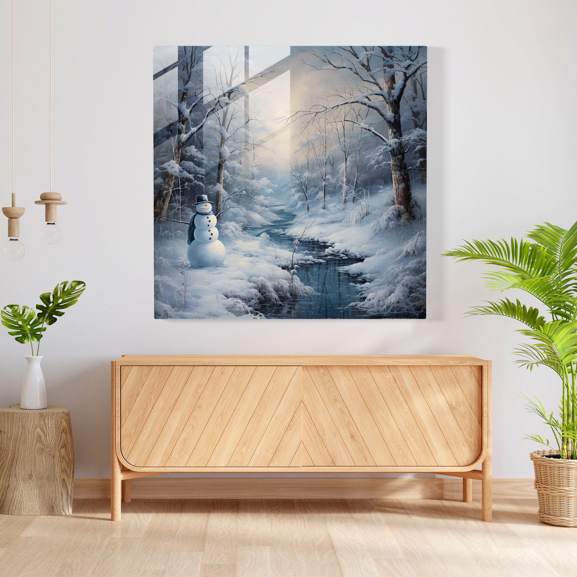 Snowman Glass Print - Snowman, Winter Landscape, Wall Decoration, Snowman
