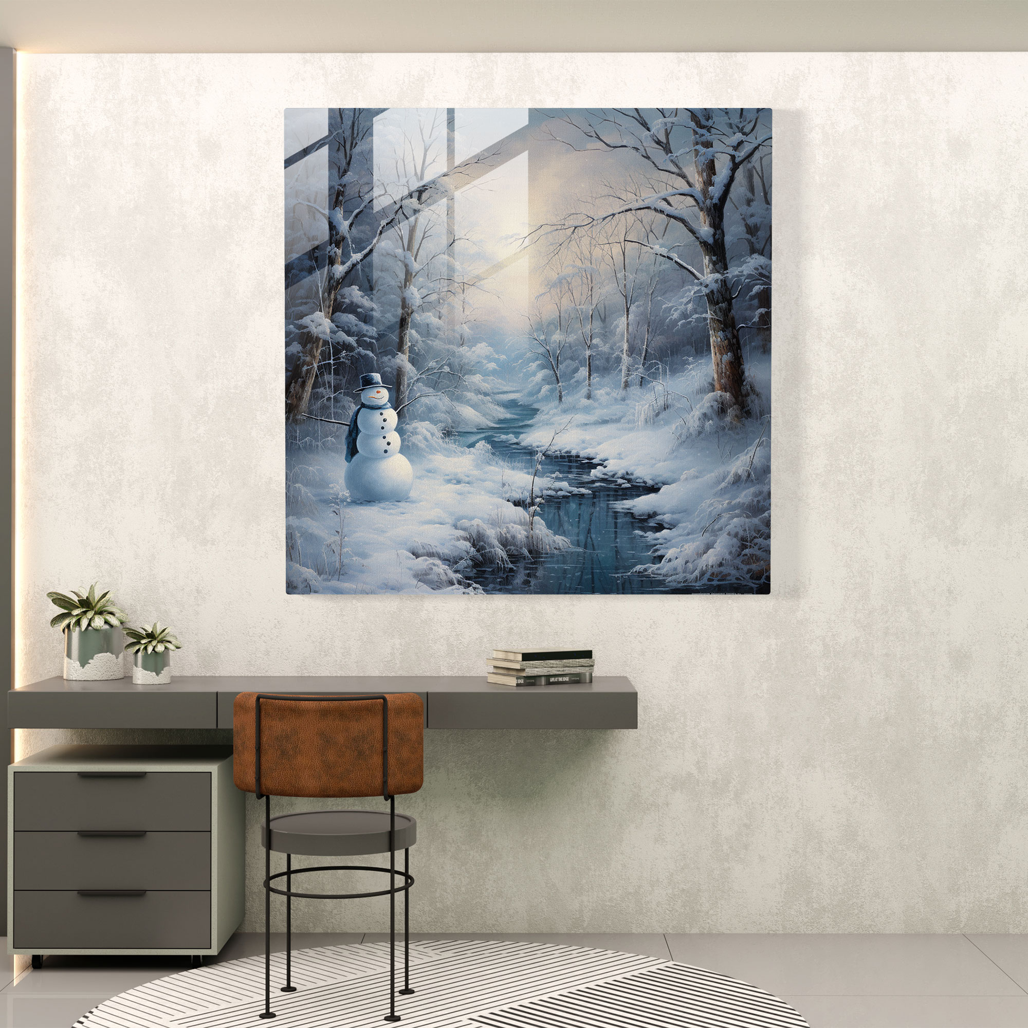 Snowman Glass Print - Snowman, Winter Landscape, Wall Decoration, Snowman