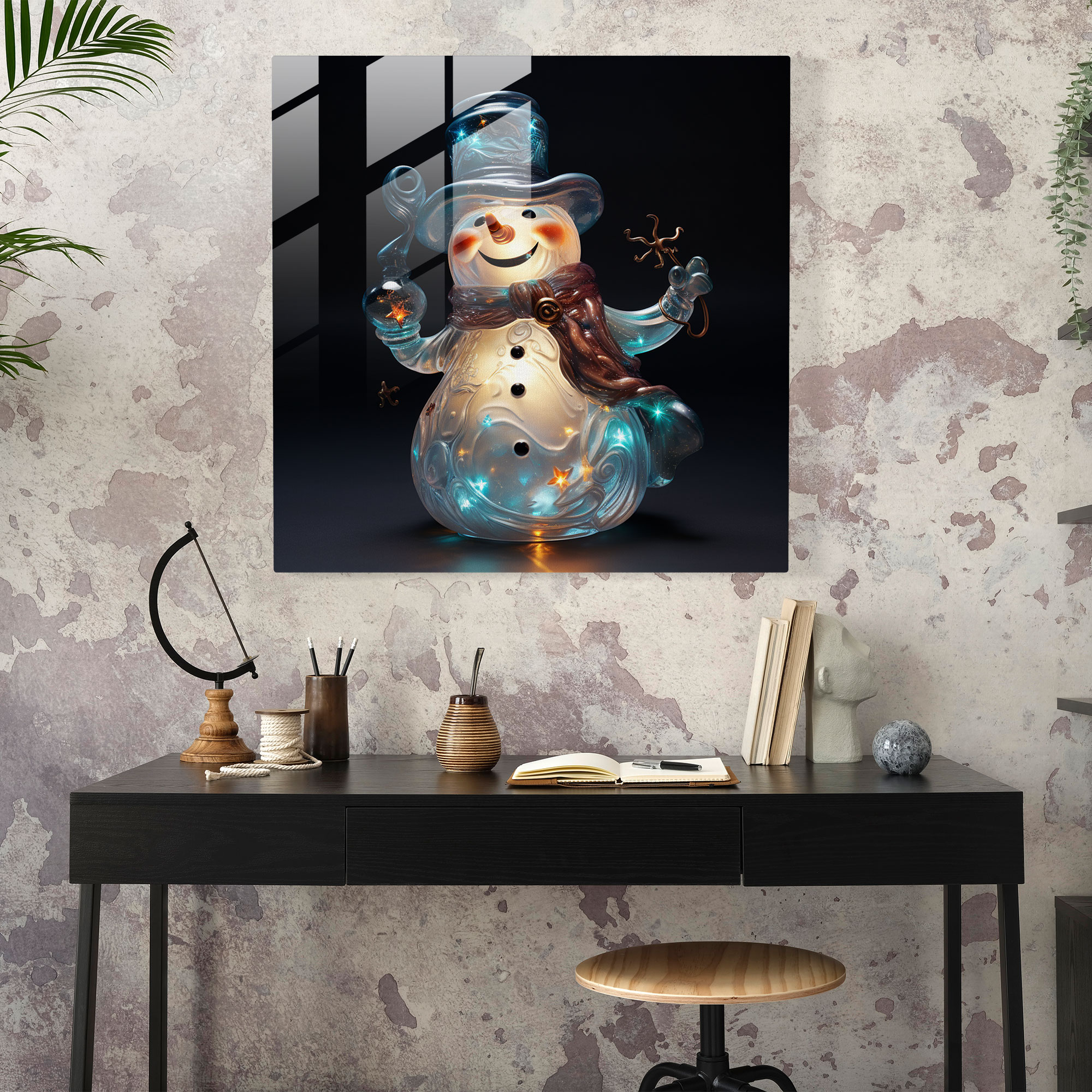 Snowman Glass Wall Art - Snowman, Wall Decoration, Glass Wall Art, Whimsical Sculpture