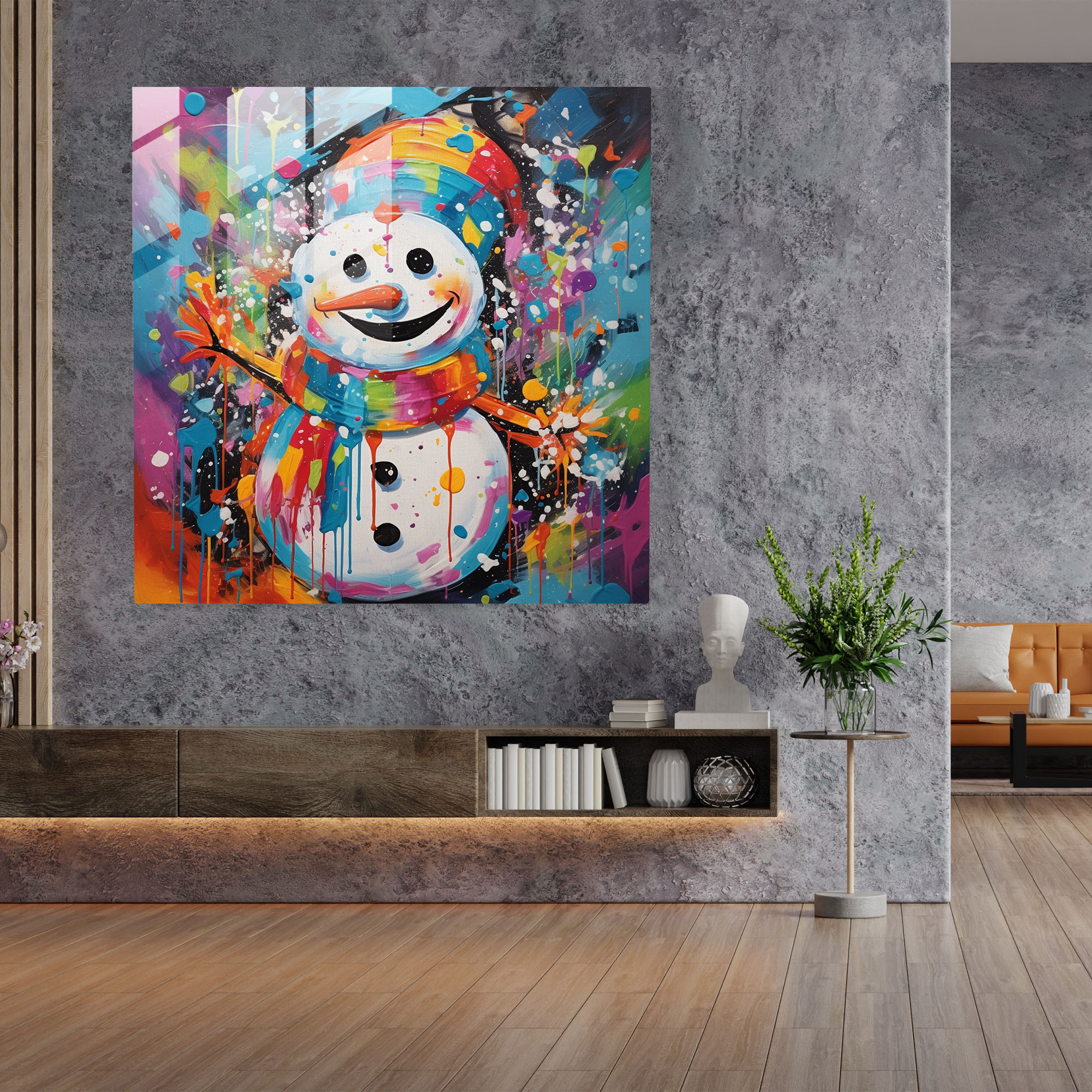 Cheerful Snowman Glass Print - Snowman, Home Decoration, Vibrant Colors, Snowman