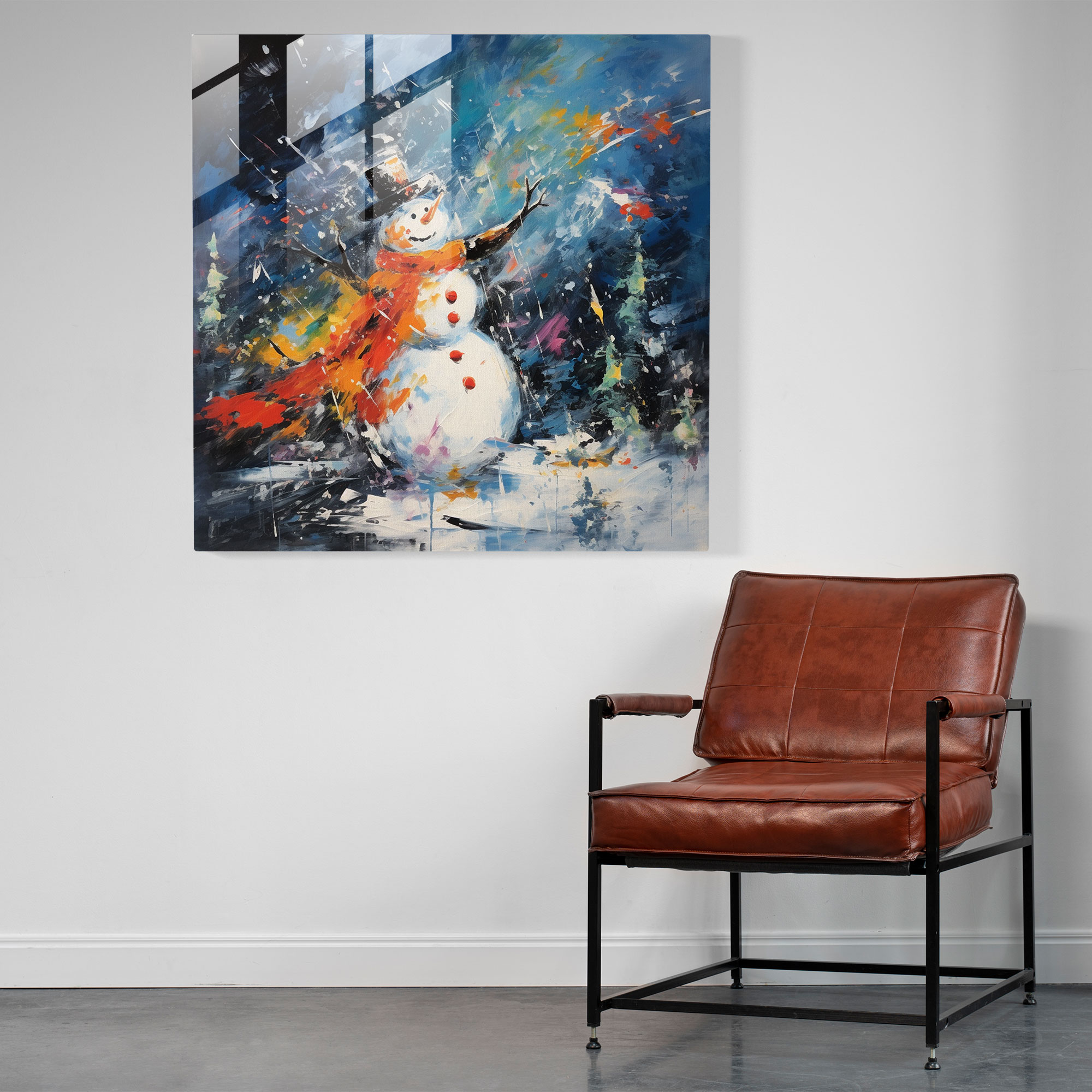 Dynamic Snowman Glass Print - Snowman, Bold Brushstrokes, Home Decoration, Glass Print