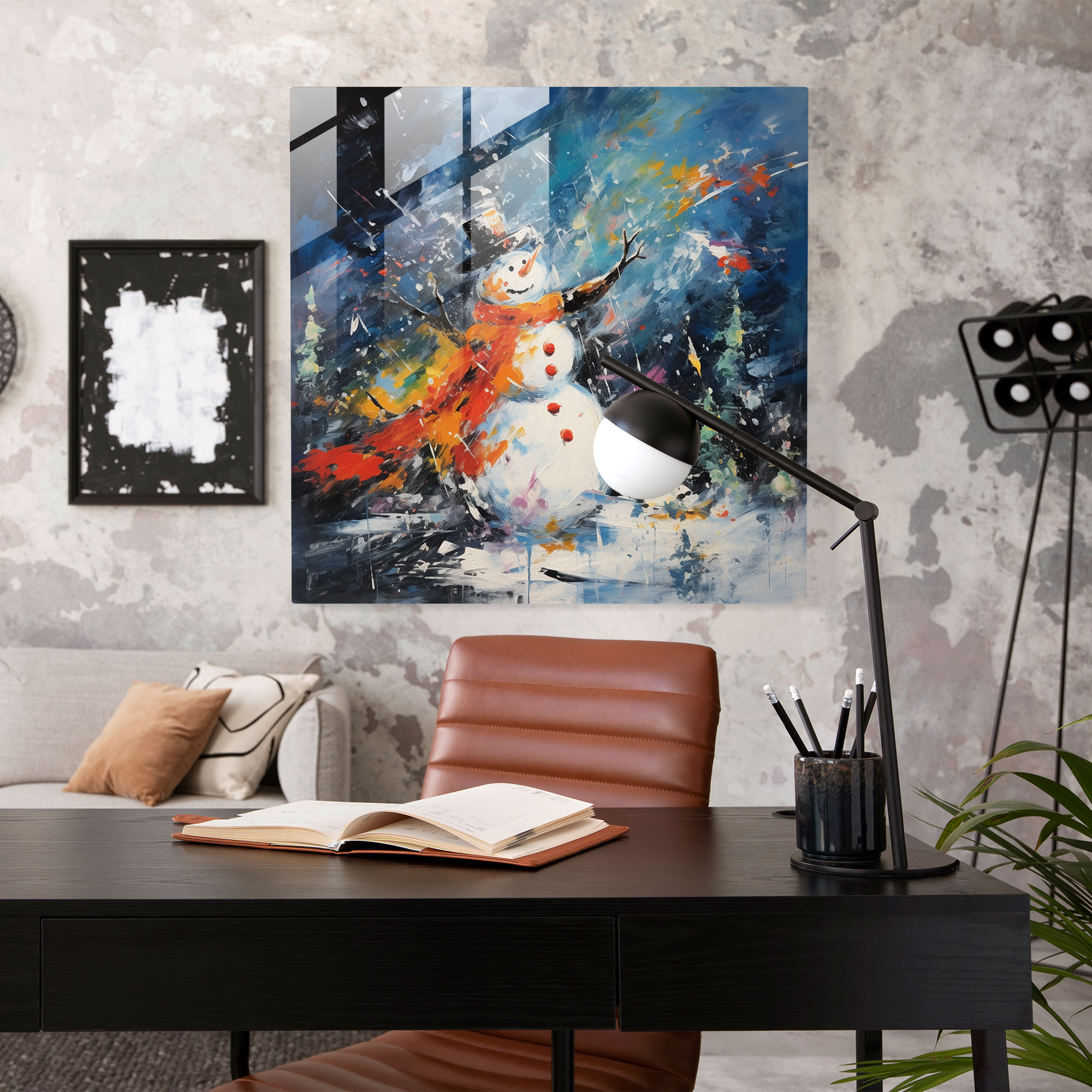 Dynamic Snowman Glass Print - Snowman, Bold Brushstrokes, Home Decoration, Glass Print