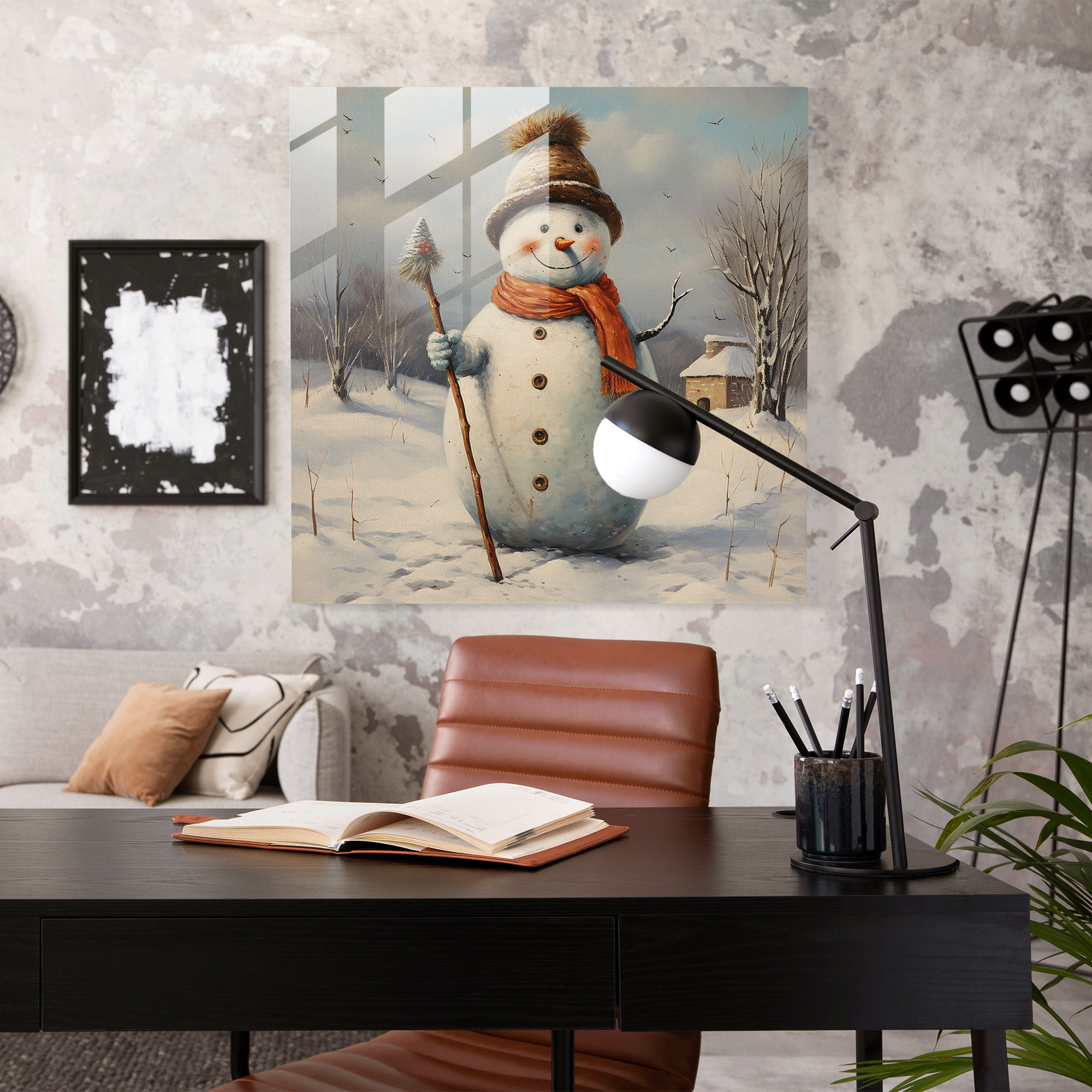 Winter Wonderland Glass Print - Snowman, Winter Landscape, Home Decoration, Modern Art