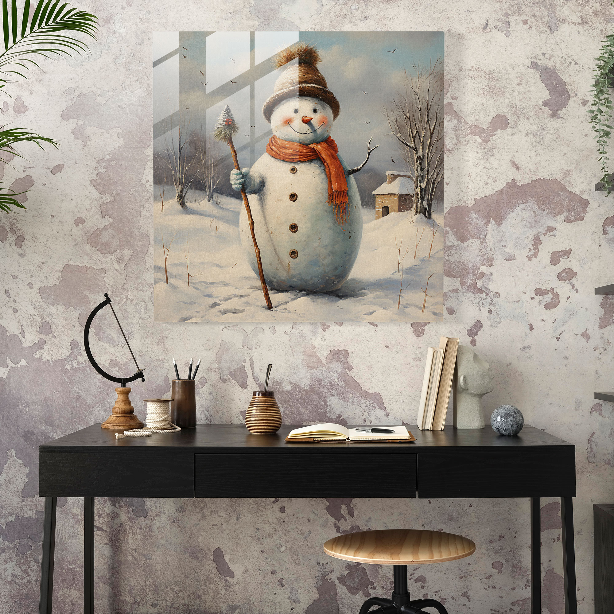 Winter Wonderland Glass Print - Snowman, Winter Landscape, Home Decoration, Modern Art