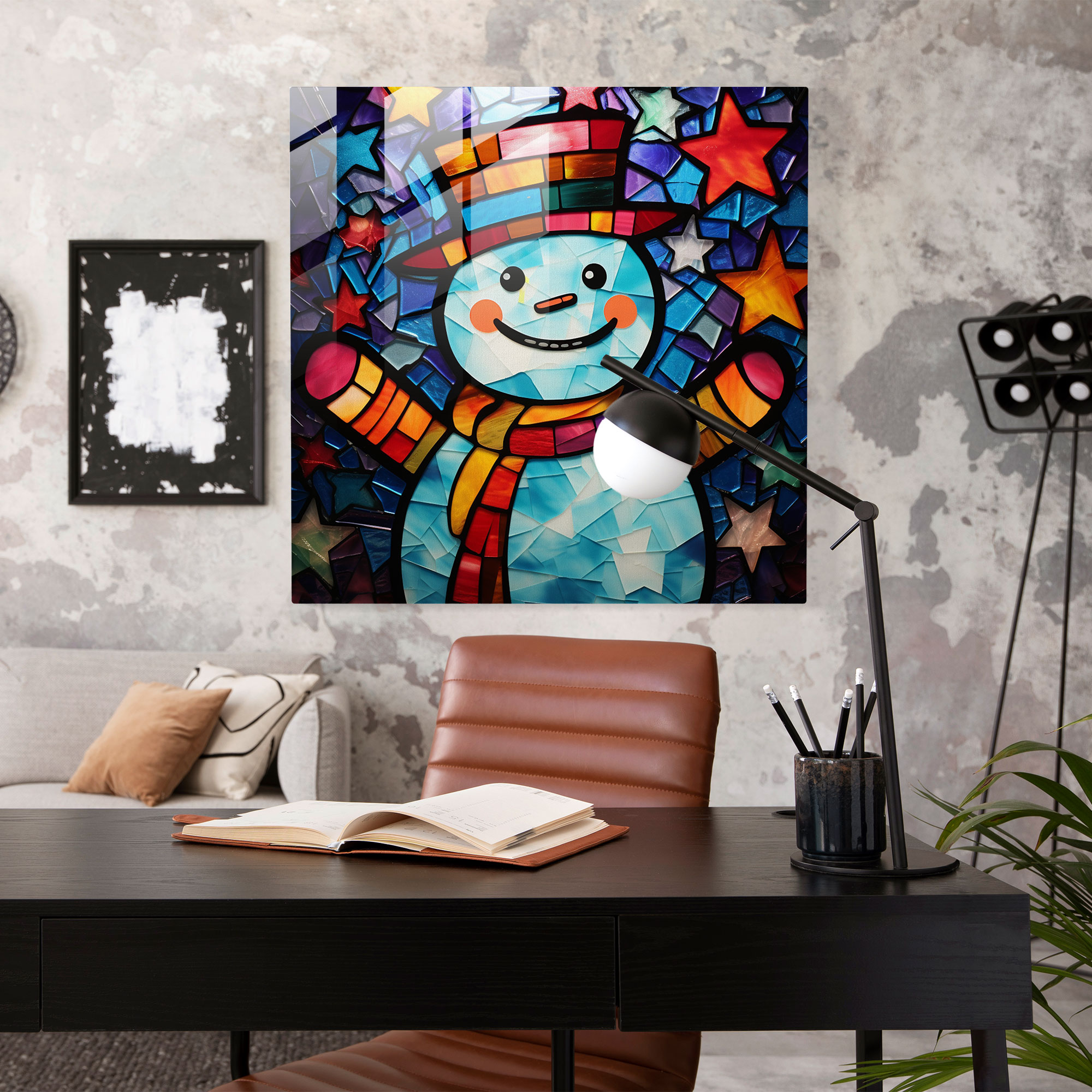 Sevimli Kar Adamı Cam Tablosu - Kar Adamı Cam Duvar Sanatı Modern Sanat