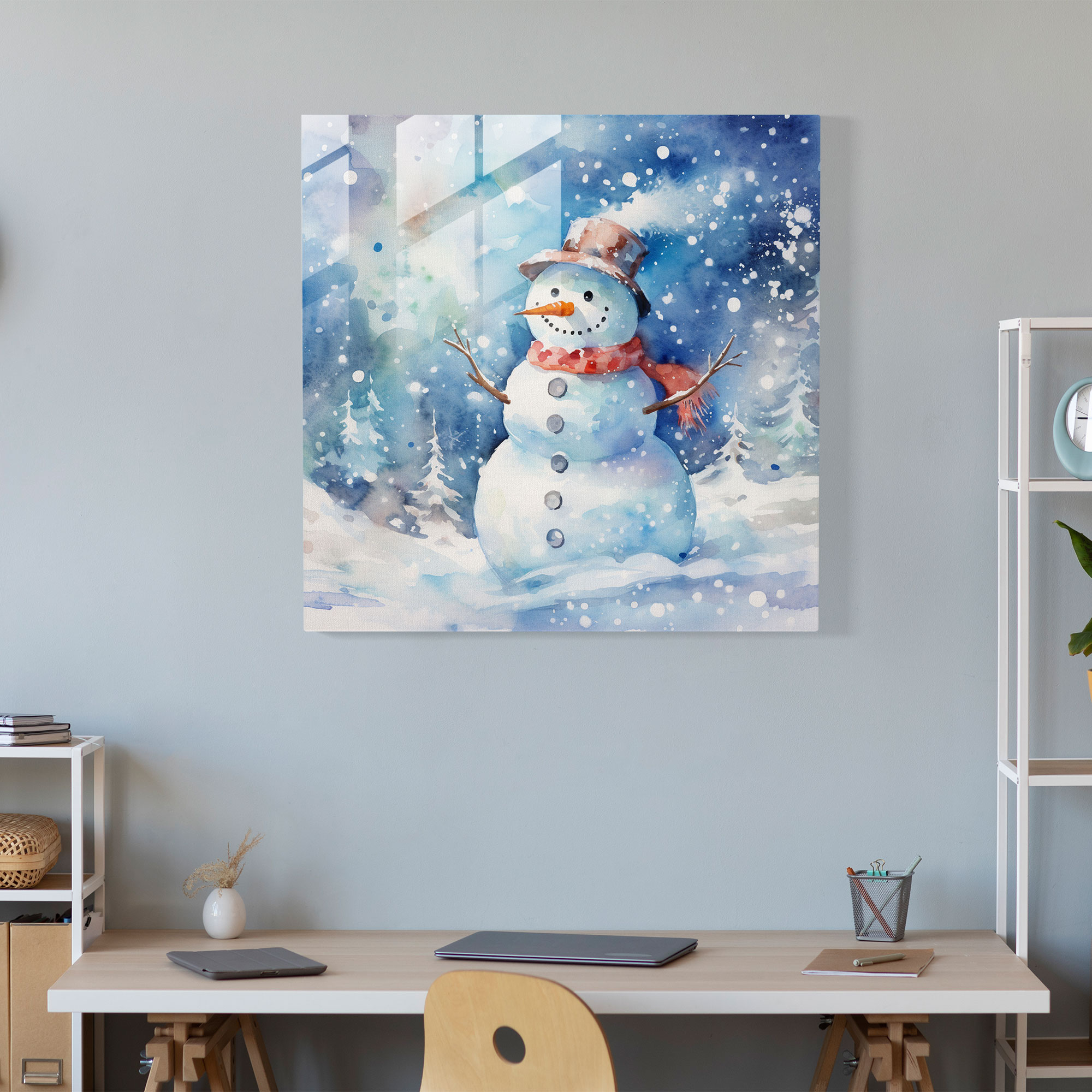 Snowflake Dreams Glass Print - Snowman, Snowman, Home Decoration, Modern Art