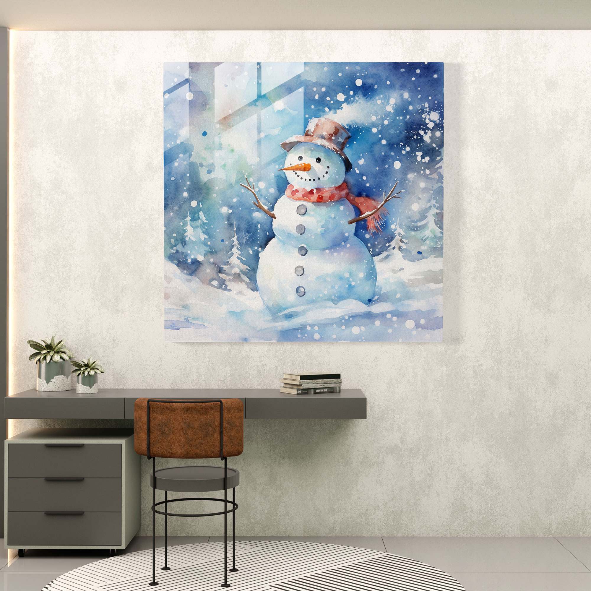 Snowflake Dreams Glass Print - Snowman, Snowman, Home Decoration, Modern Art