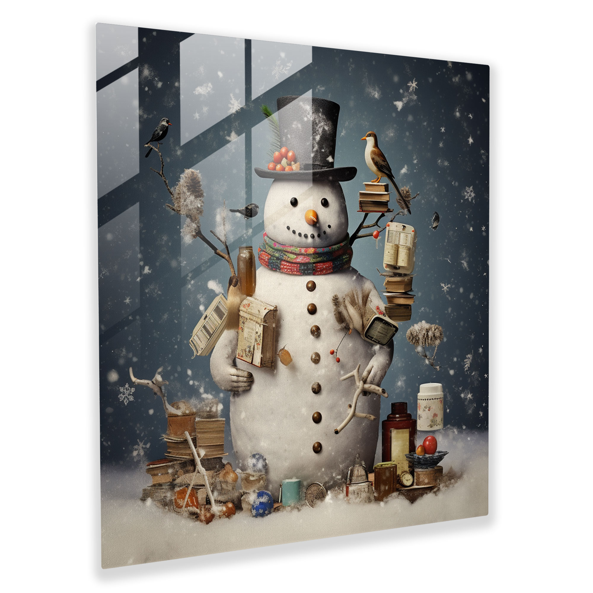Whimsical Collage Glass Print - Snowman, Collage, Glass Print, Whimsical
