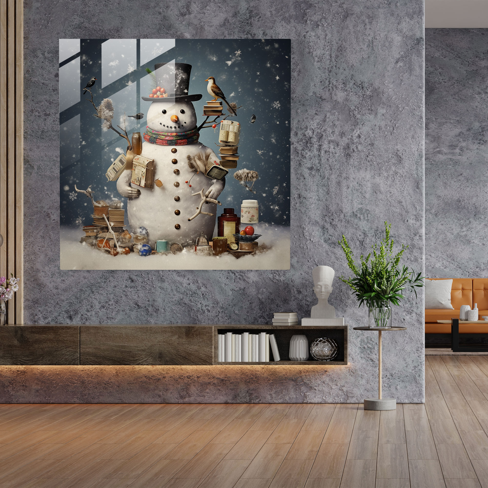 Whimsical Collage Glass Print - Snowman, Collage, Glass Print, Whimsical