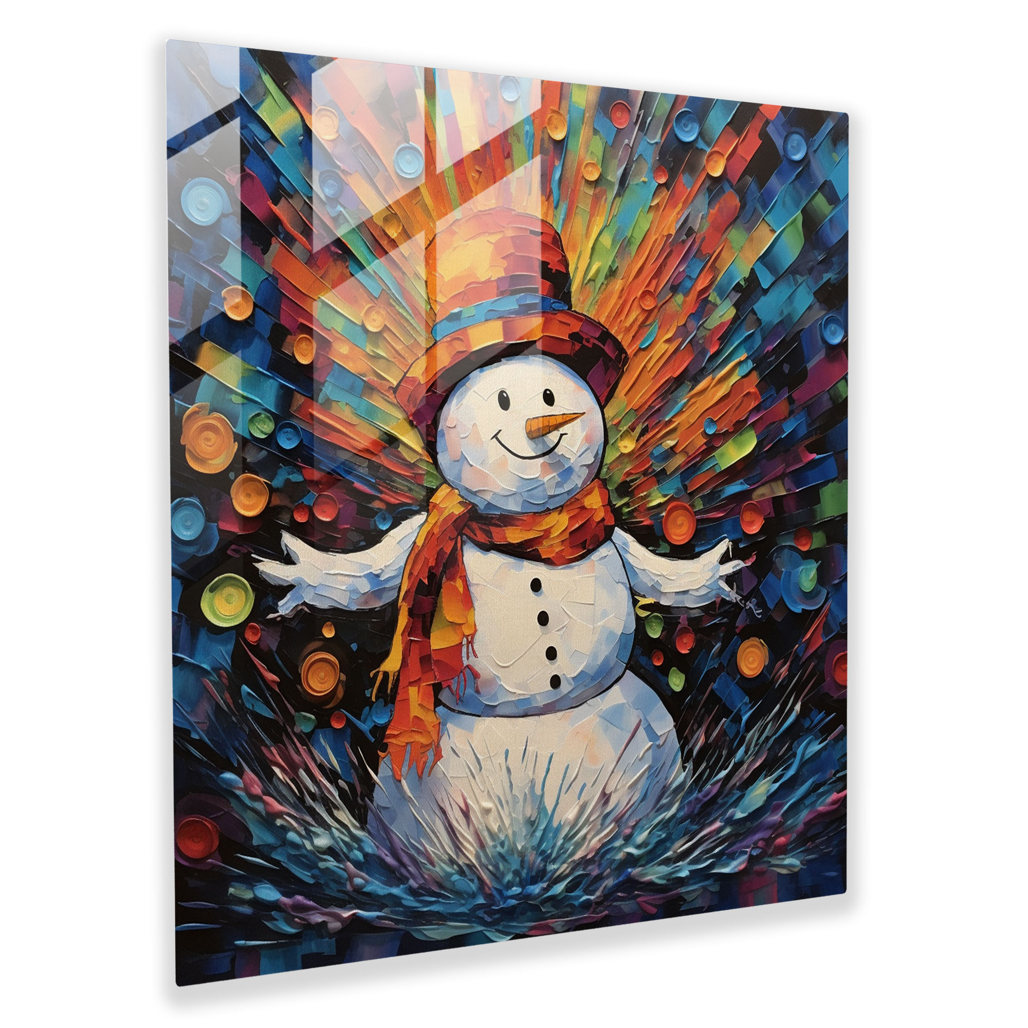Expressive Snowman Glass Print - Snowman, Mixed Media Artwork, Glass Art, Home Decoration