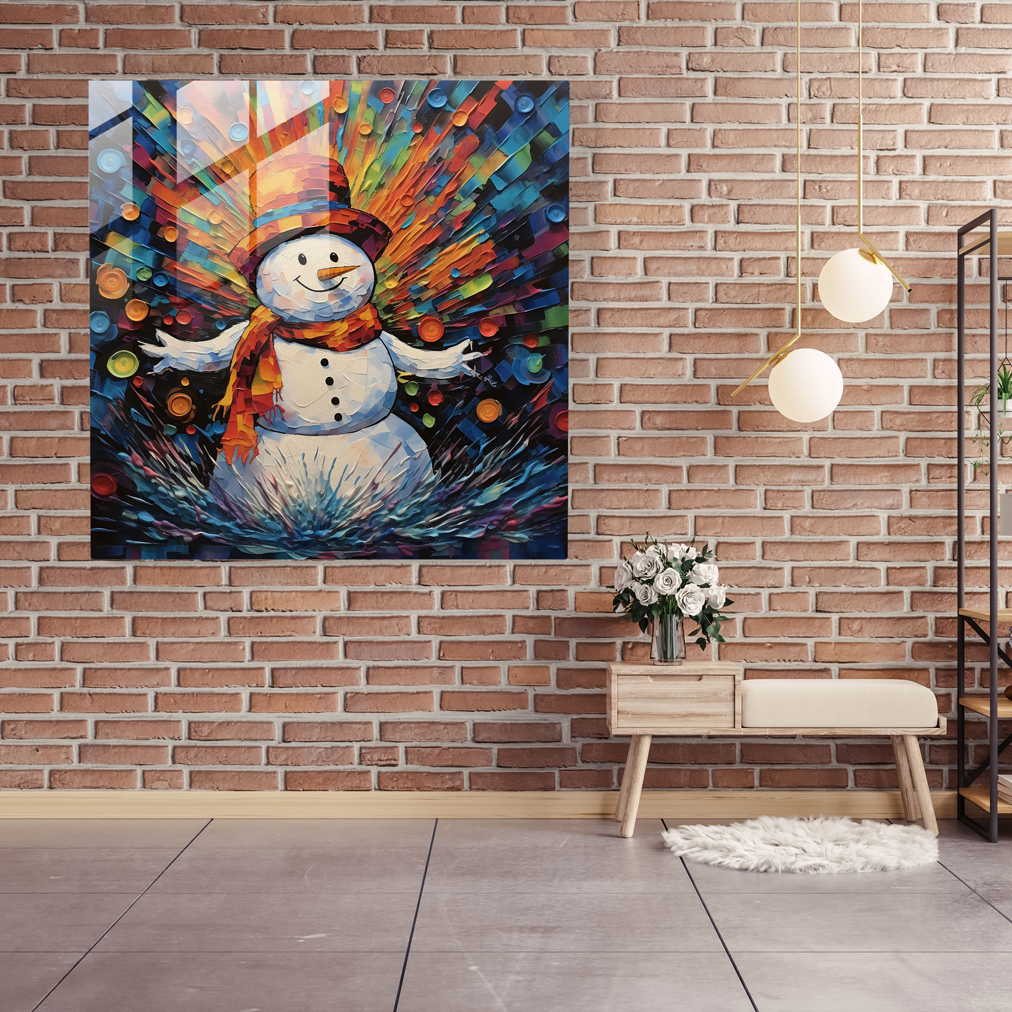 Expressive Snowman Glass Print - Snowman, Mixed Media Artwork, Glass Art, Home Decoration
